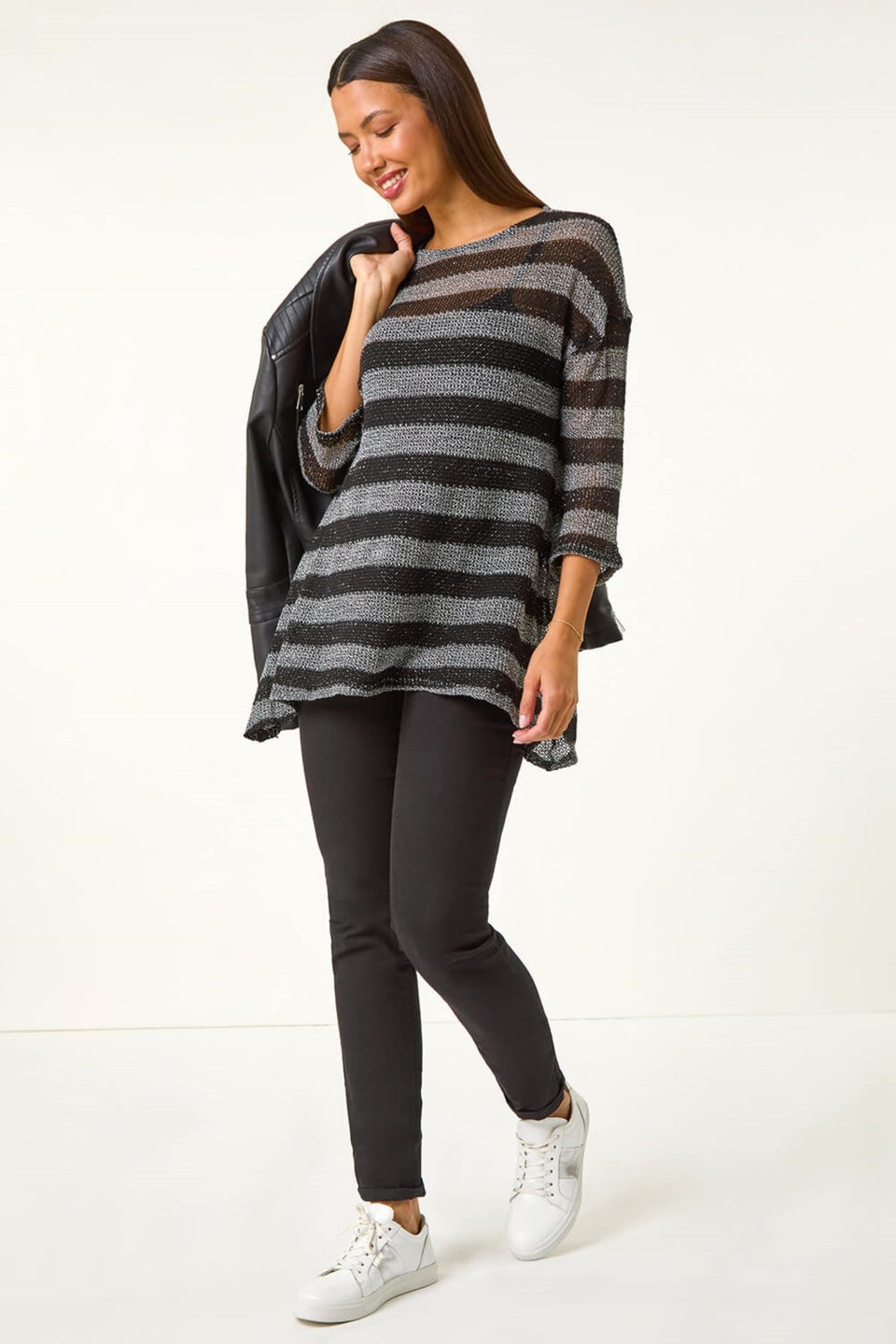 Roman Grey Metallic Stripe Knit Top