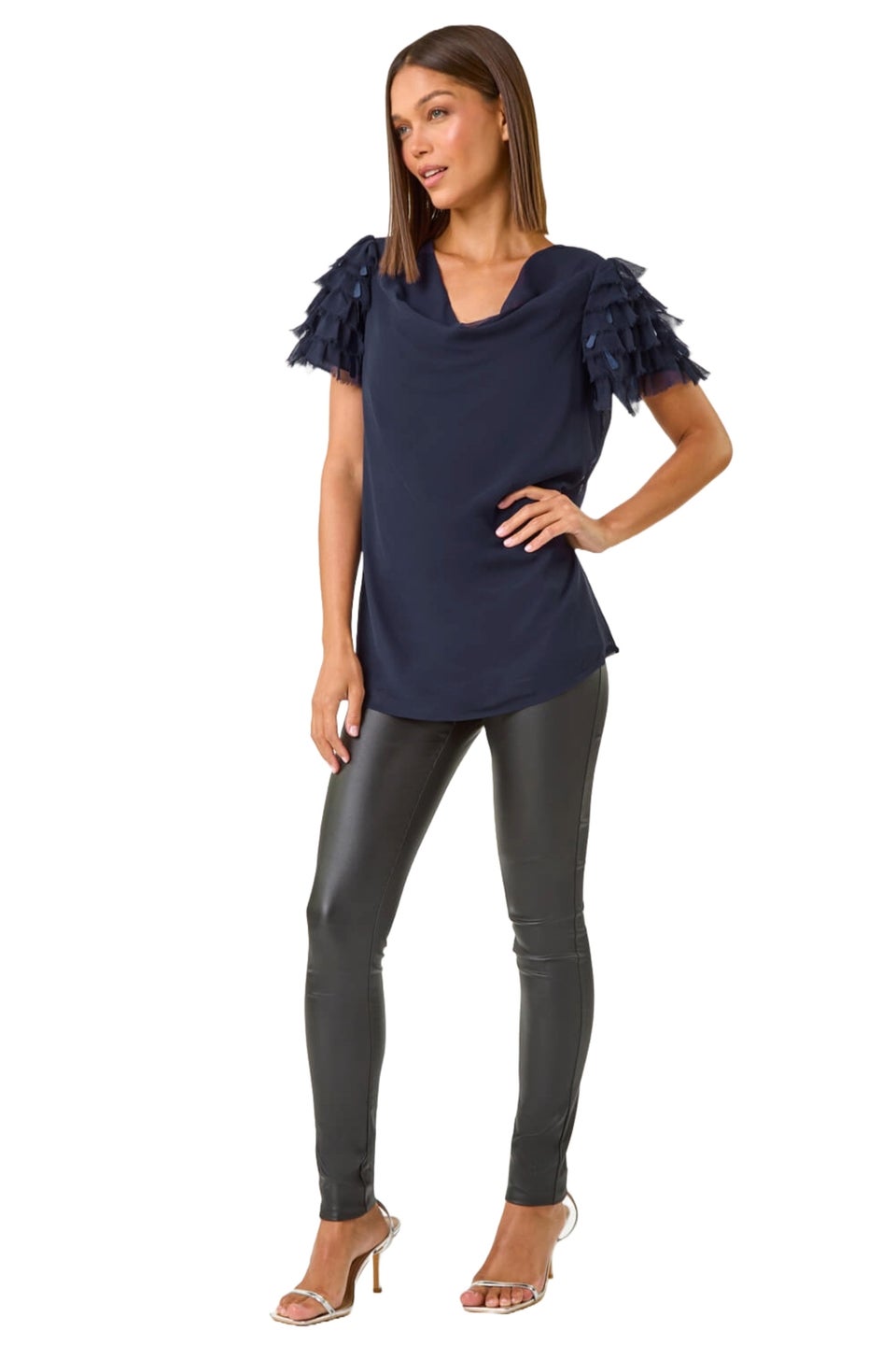 Roman Midnight Blue Cowl Neck Shoulder Sequin Frill Top