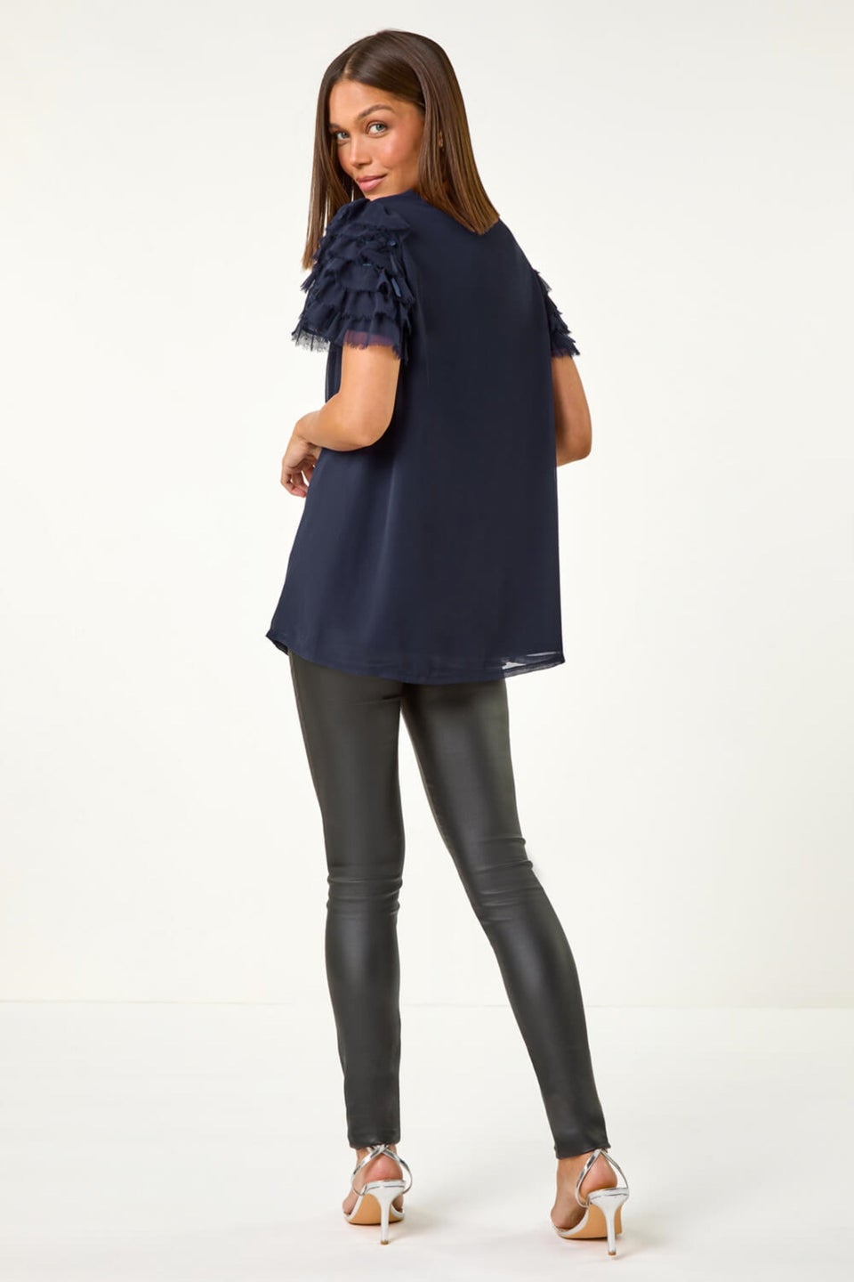 Roman Midnight Blue Cowl Neck Shoulder Sequin Frill Top