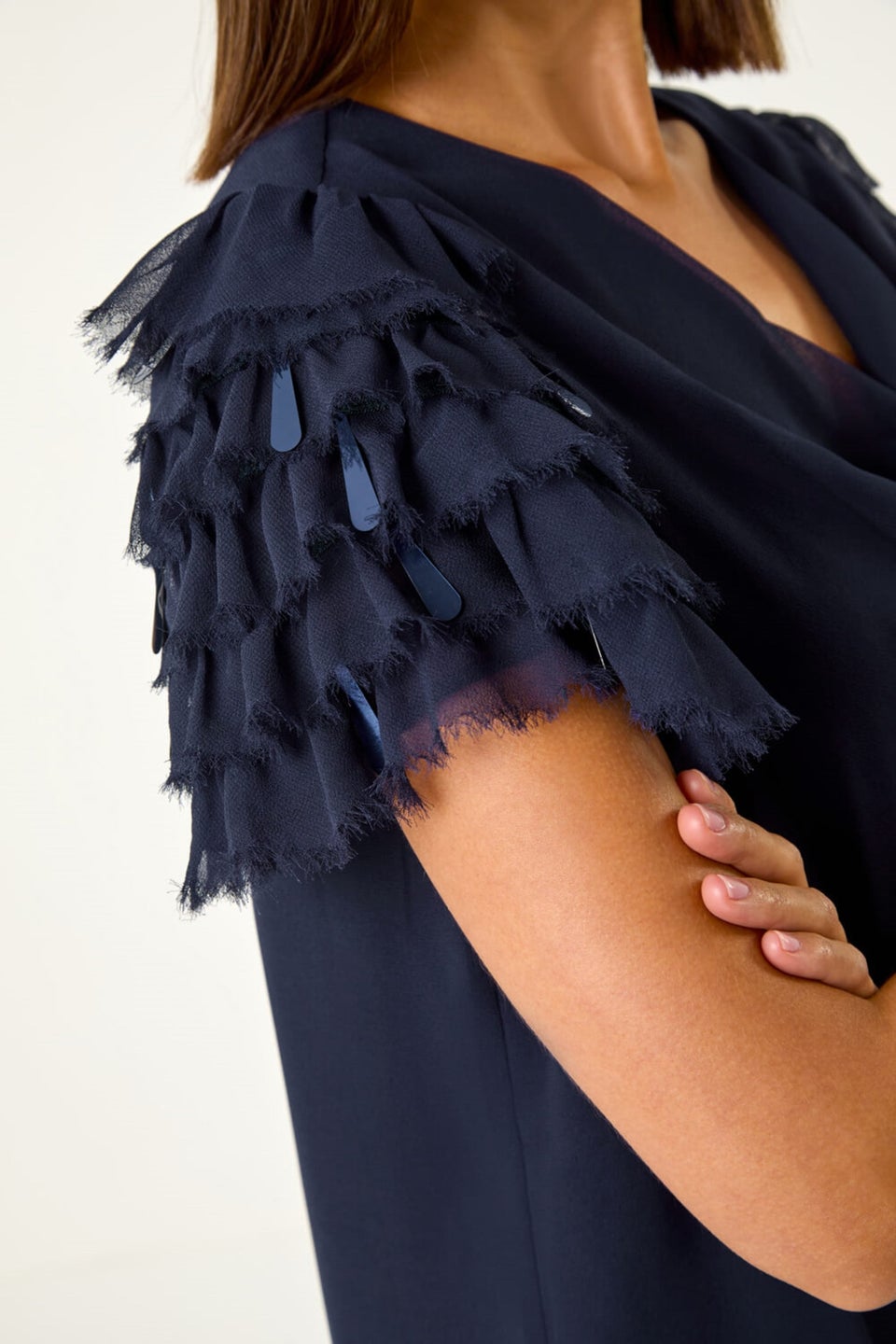 Roman Midnight Blue Cowl Neck Shoulder Sequin Frill Top