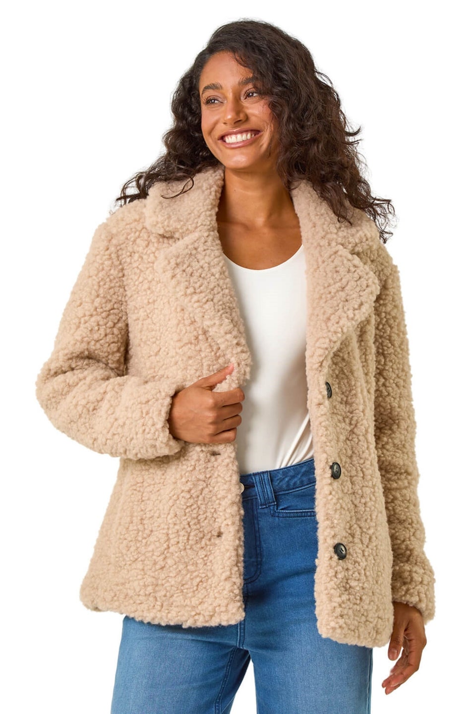 Dusk Beige Textured Borg Pocket Short Coat