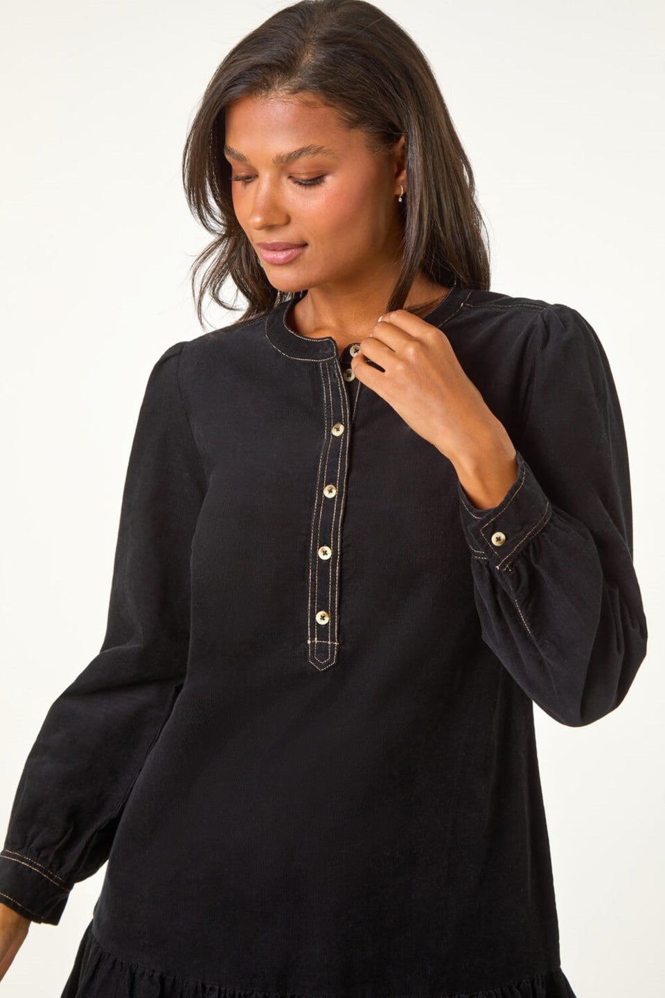 Roman Black Corduroy Button Detail A-Line Dress