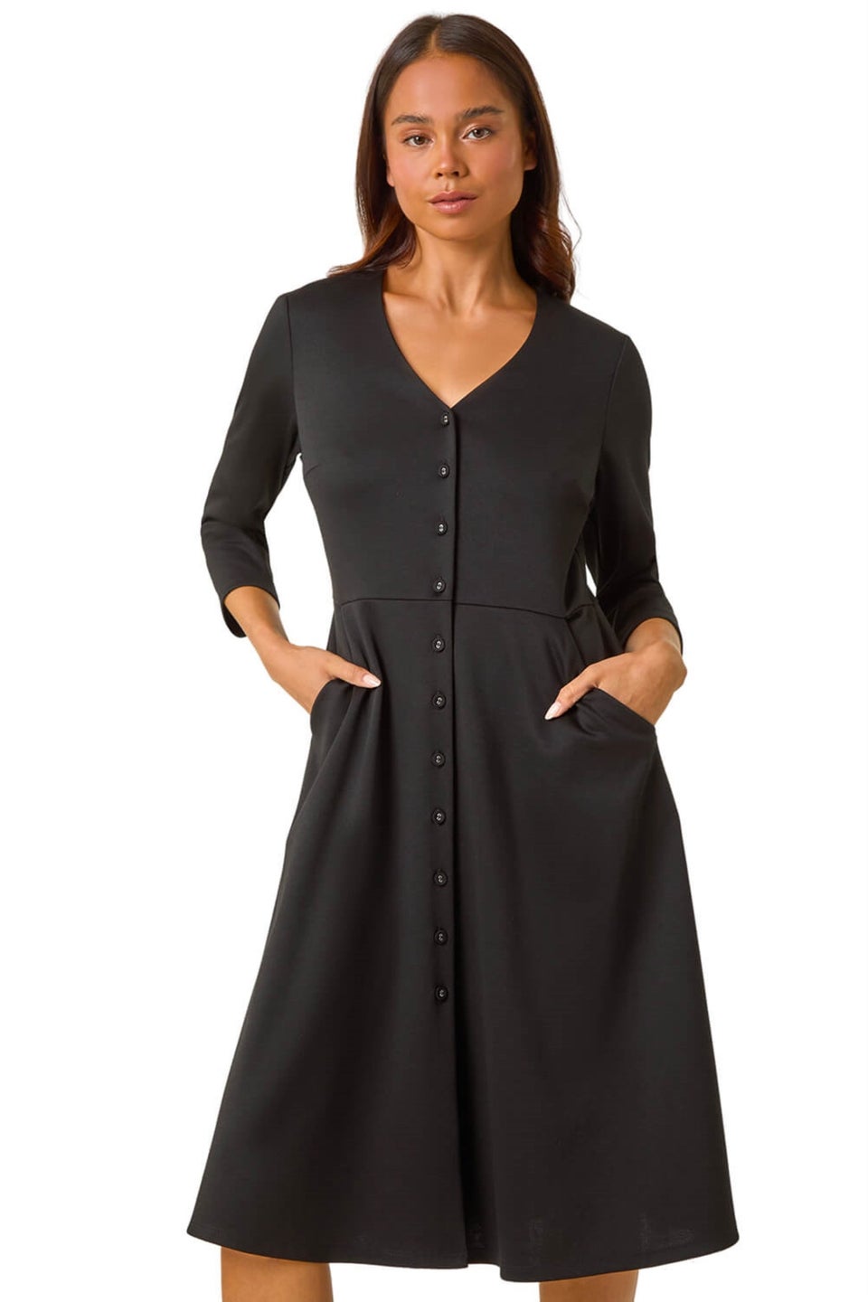 Roman Black Petite V-Neck Button Detail Stretch Dress