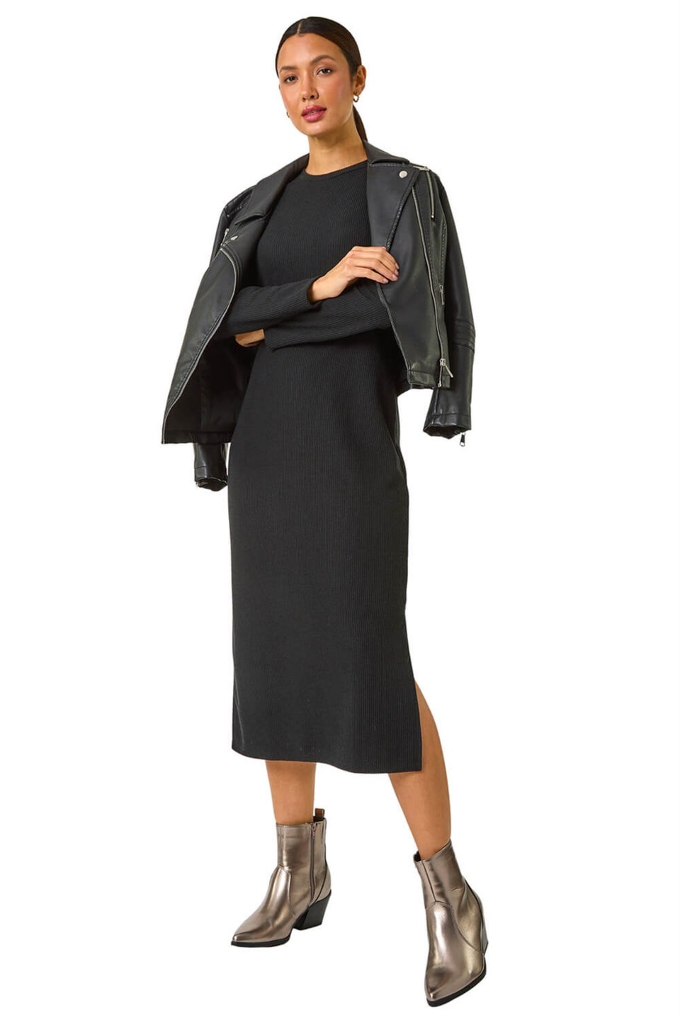 Roman Black Textured A-Line Knitted Jumper Dress