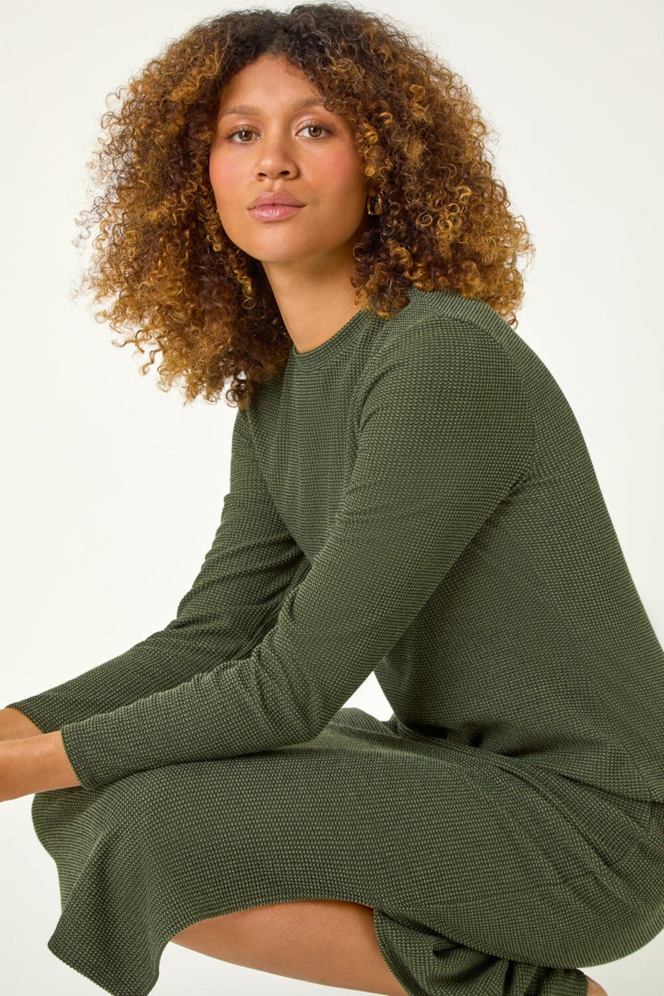 Roman Khaki Textured A-Line Knitted Jumper Dress