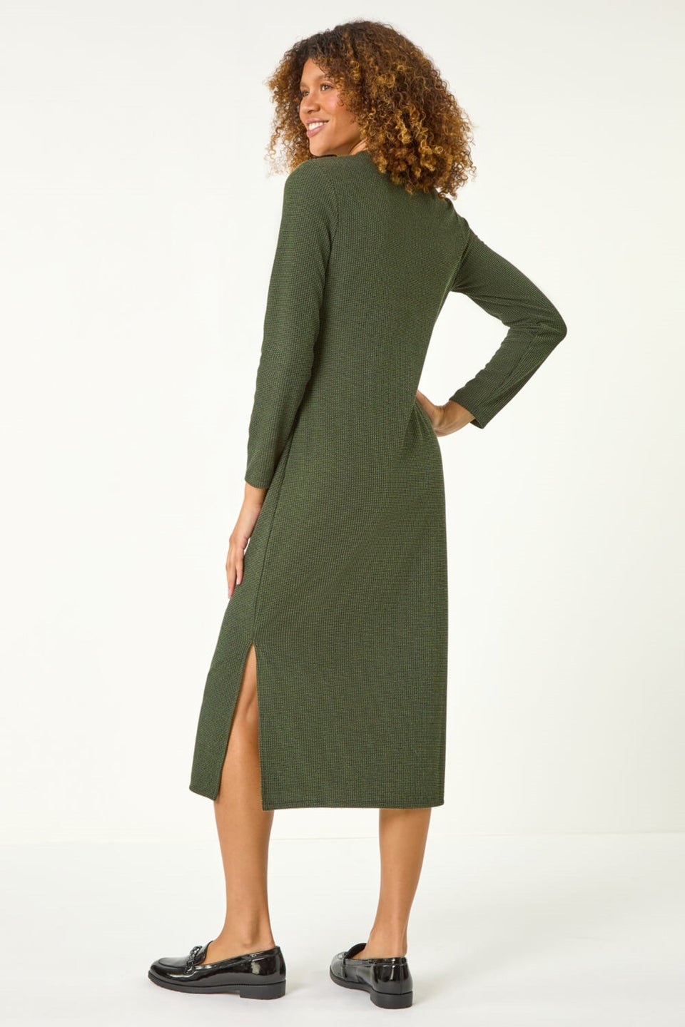 Roman Khaki Textured A-Line Knitted Jumper Dress