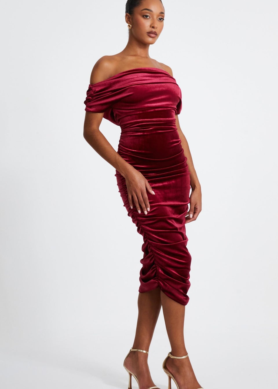 Quiz Red Velvet Ruched Midi Dress