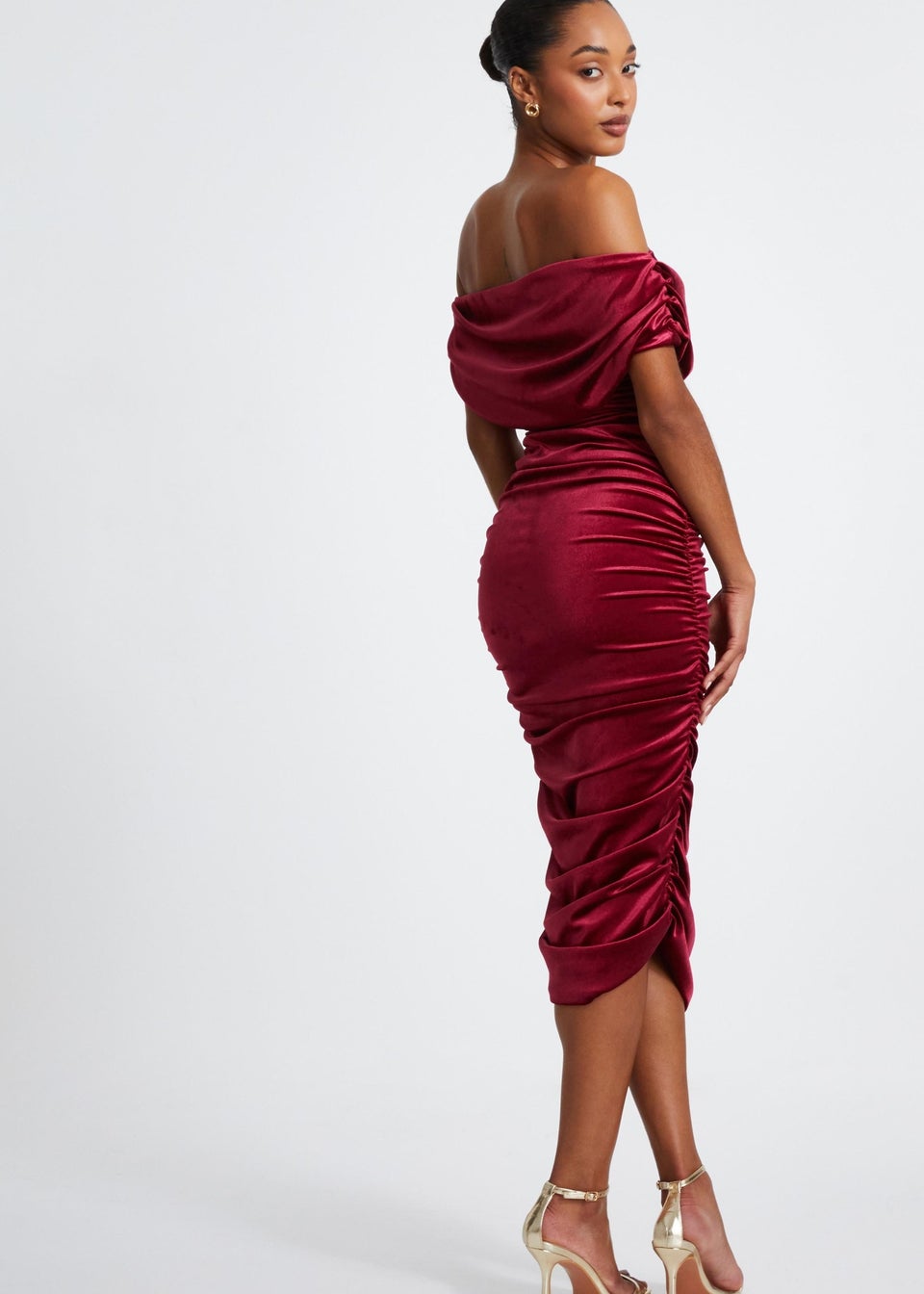 Quiz Red Velvet Ruched Midi Dress Matalan