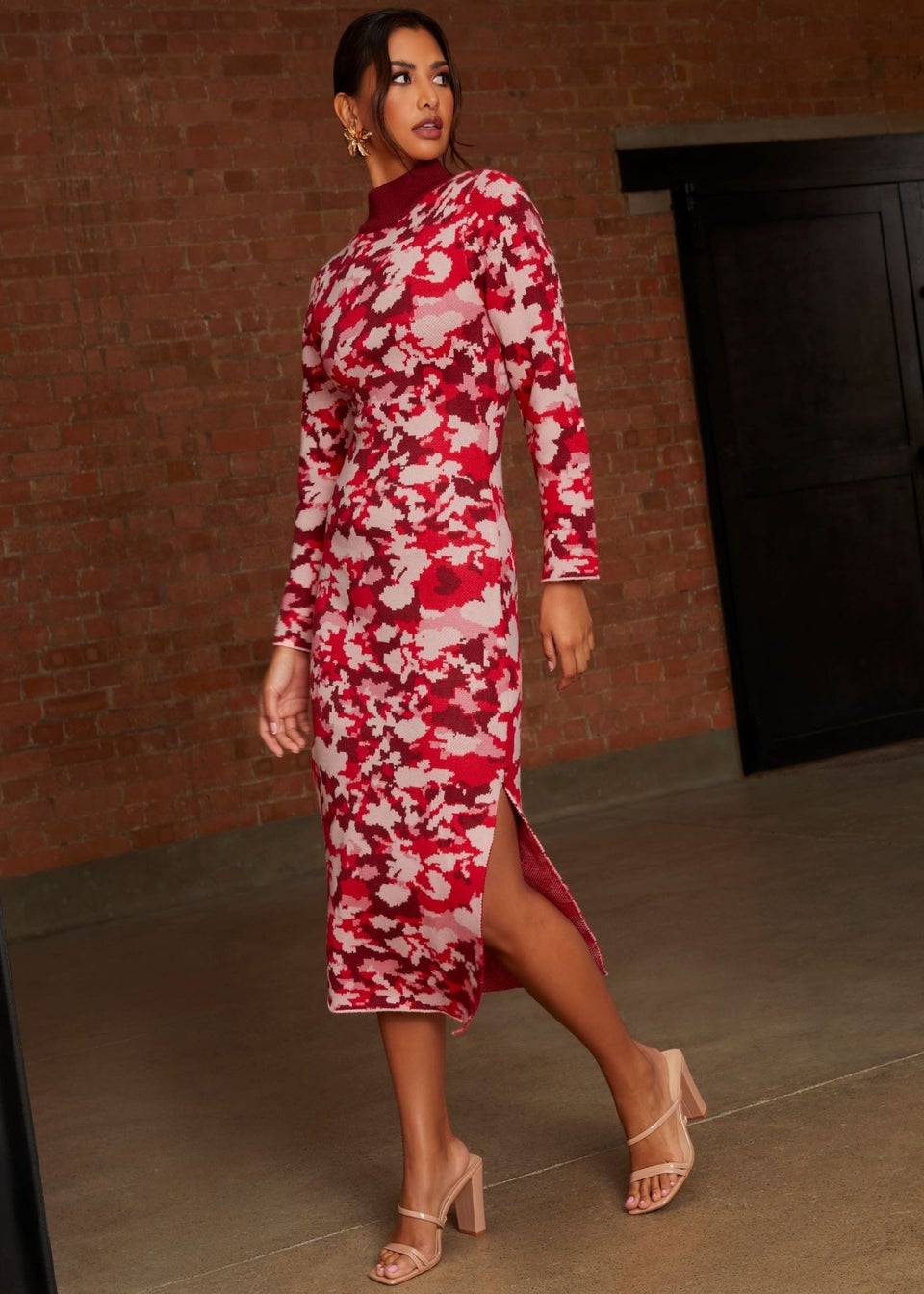 Chi Chi London Pink Abstract Floral Knitted Midi Dress