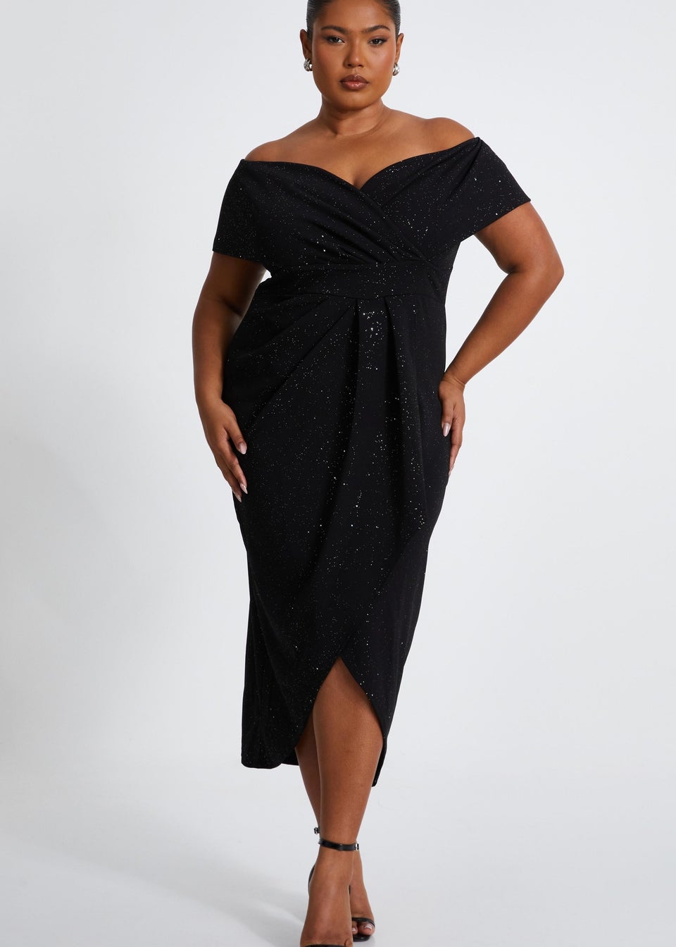 Quiz Black Curve Glitter Bardot Midi Dress Matalan