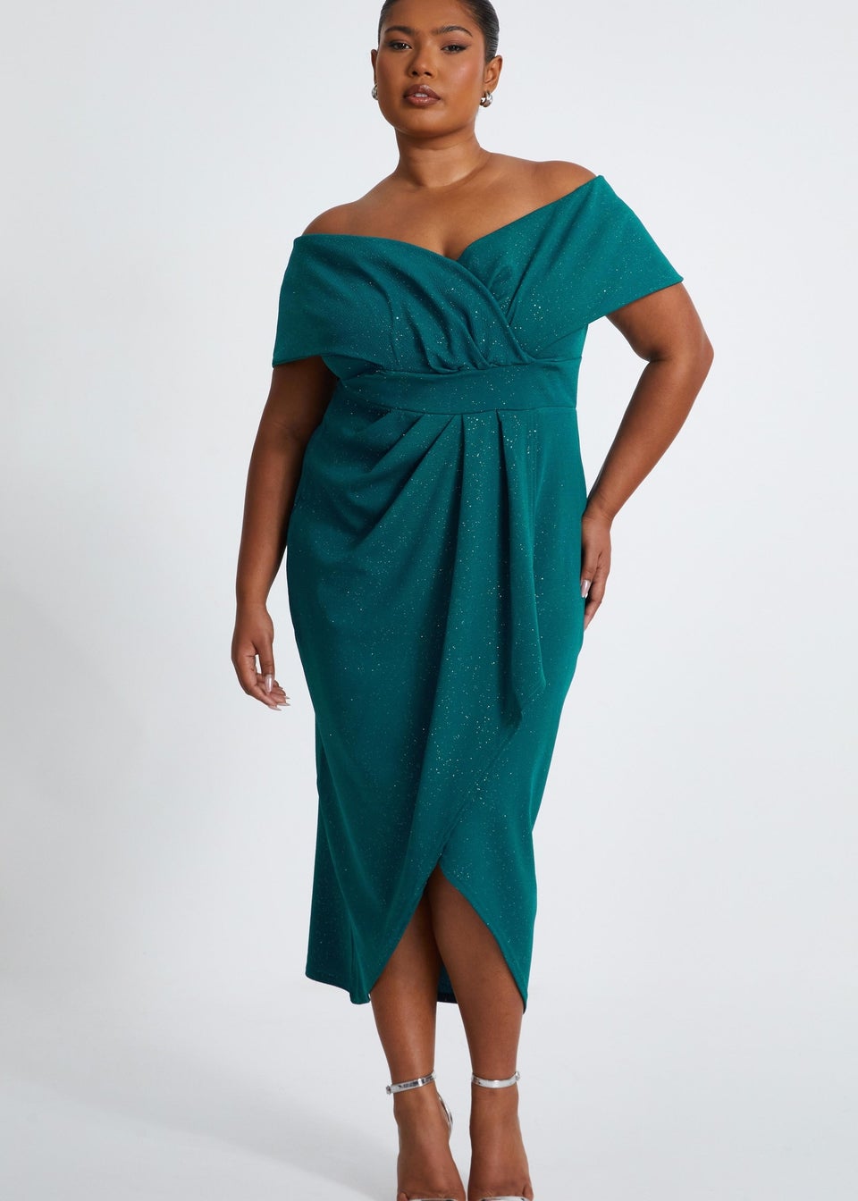 Quiz Green Curve Glitter Bardot Midi Dress Matalan