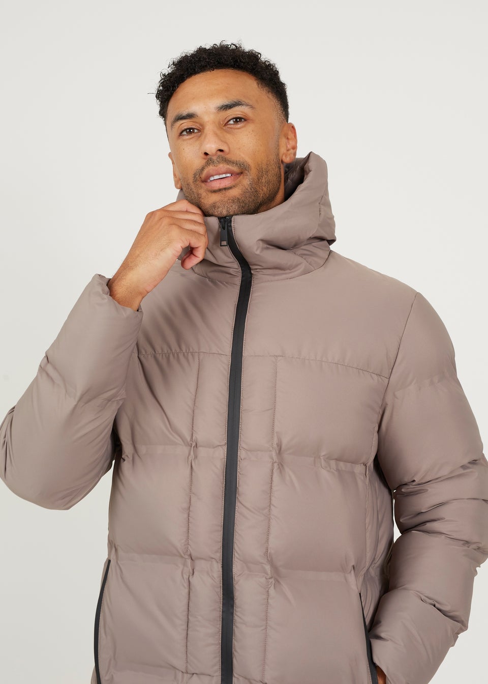 Brave Soul Taupe Longline Padded Hooded Jacket