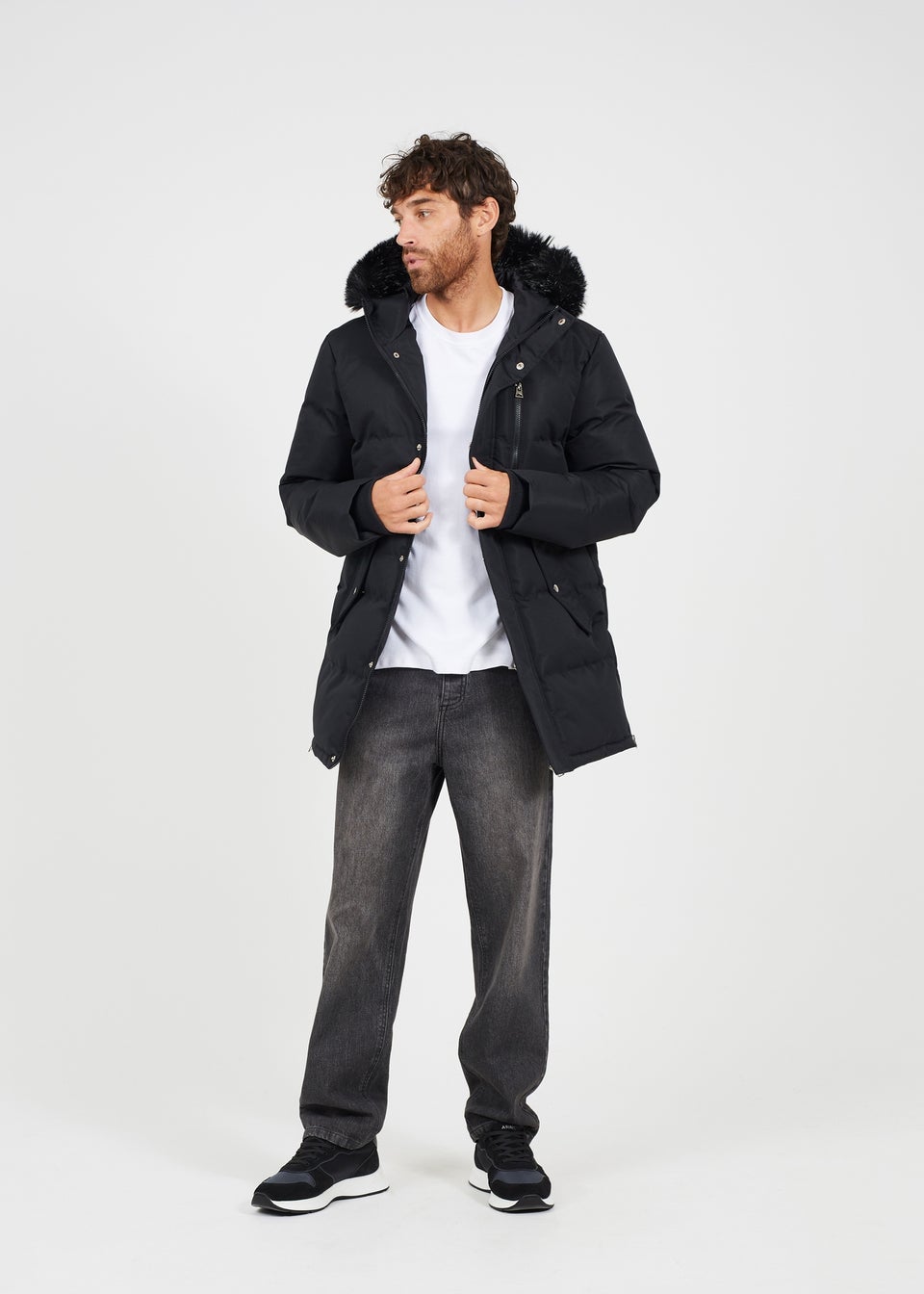 Brave Soul Black Longline Padded Parka Jacket with Faux Fur Hood