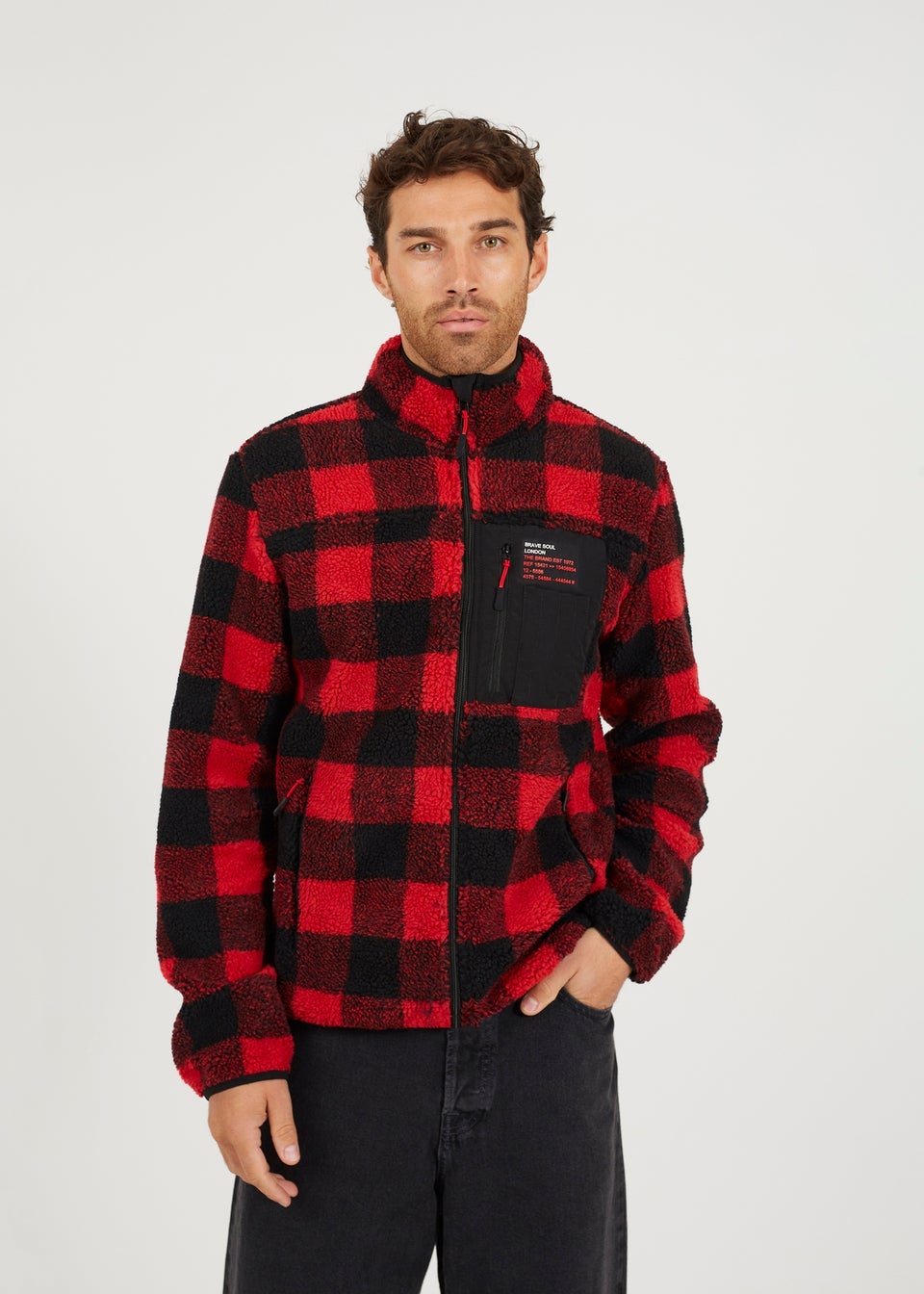 Brave Soul Red Check Zip Through Borg Fleece Matalan