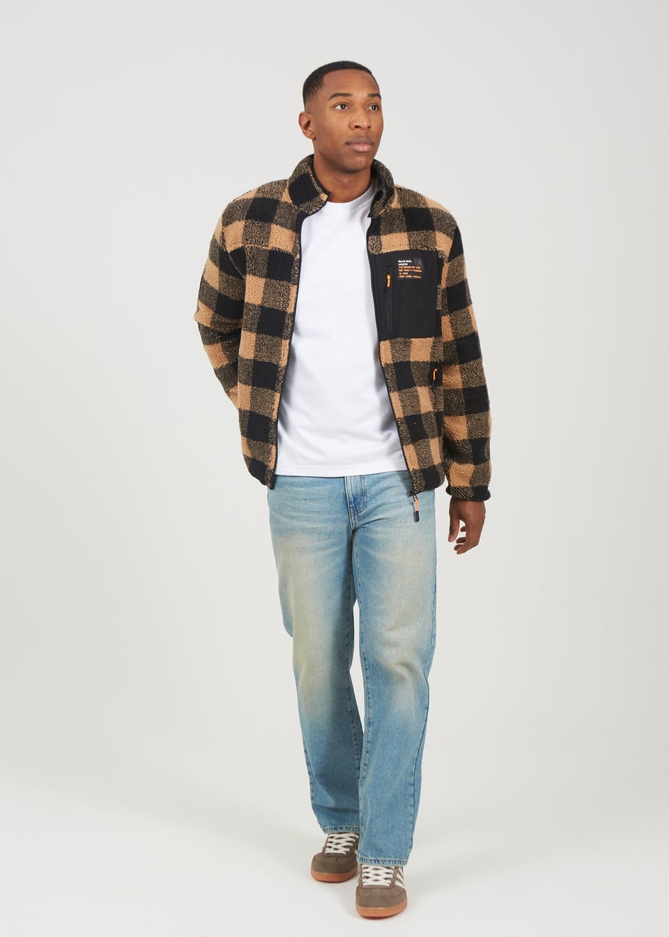 Brave Soul Tan Check Zip Through Borg Fleece