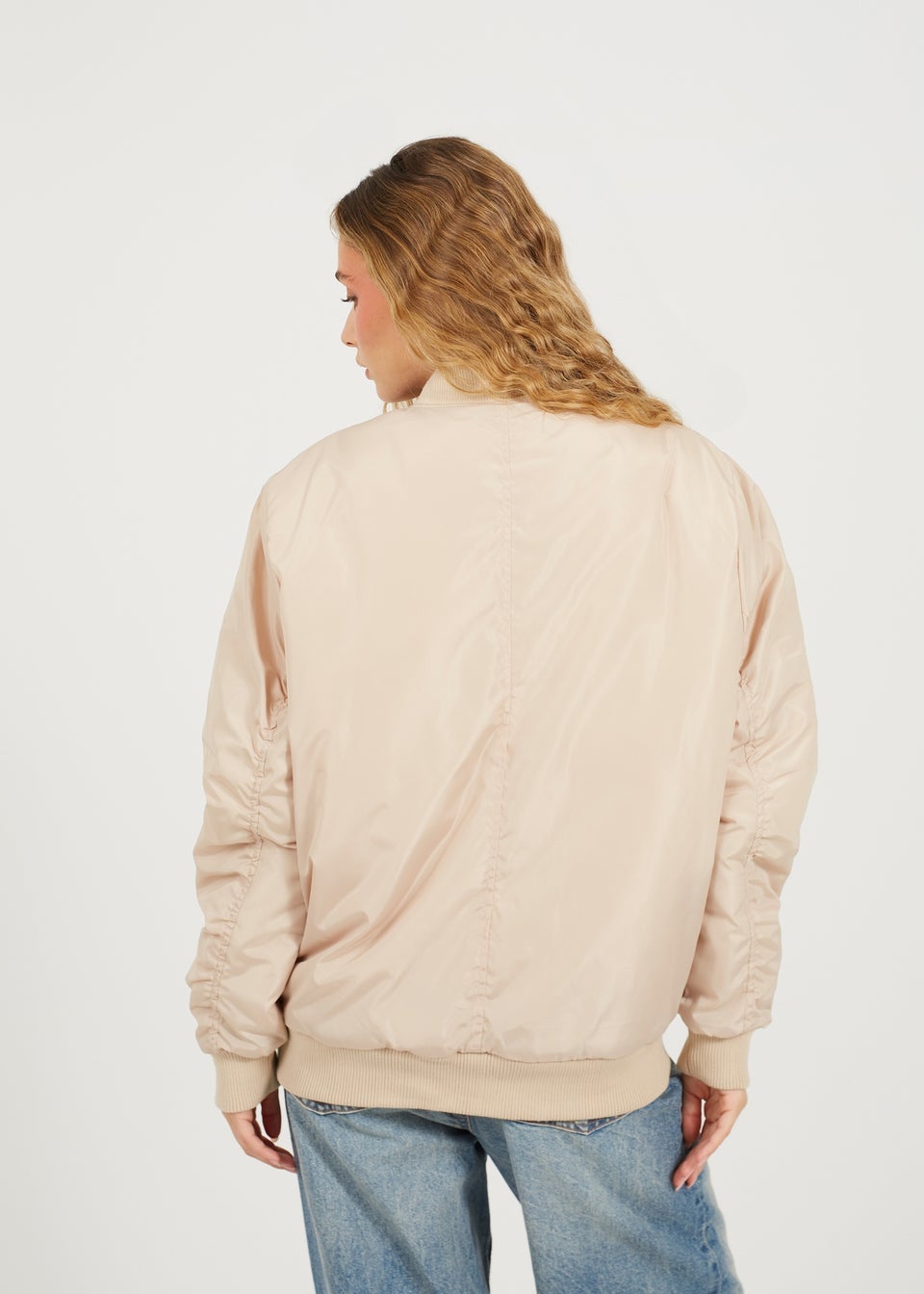 Brave Soul Stone Ruched Sleeve Oversized Bomber Jacket