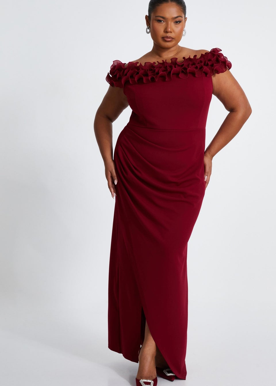 Quiz Red Curve Bardot Maxi Dress Matalan