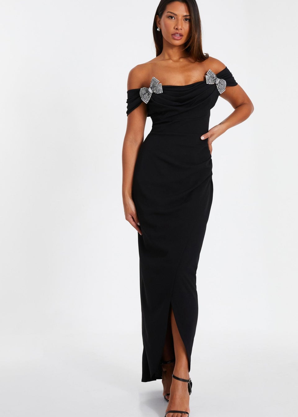 Quiz Black Bow Bardot Maxi Dress Matalan