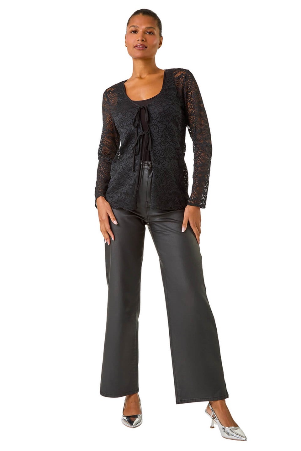 Roman Black Front Tie Lace Top