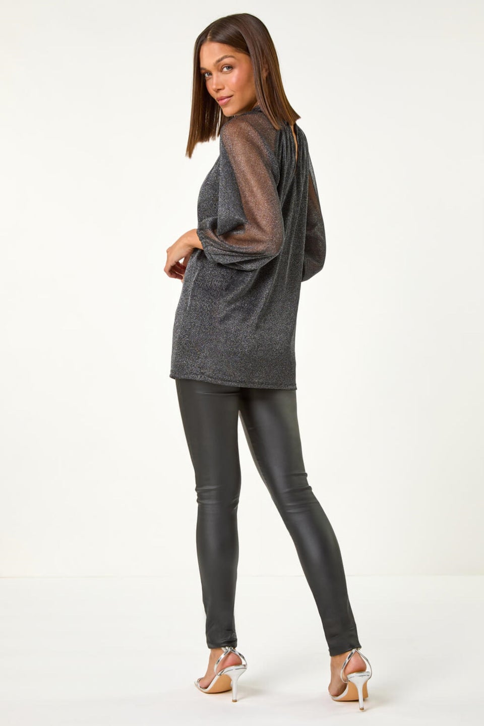 Roman Black Twist Neck Glitter Mesh Top