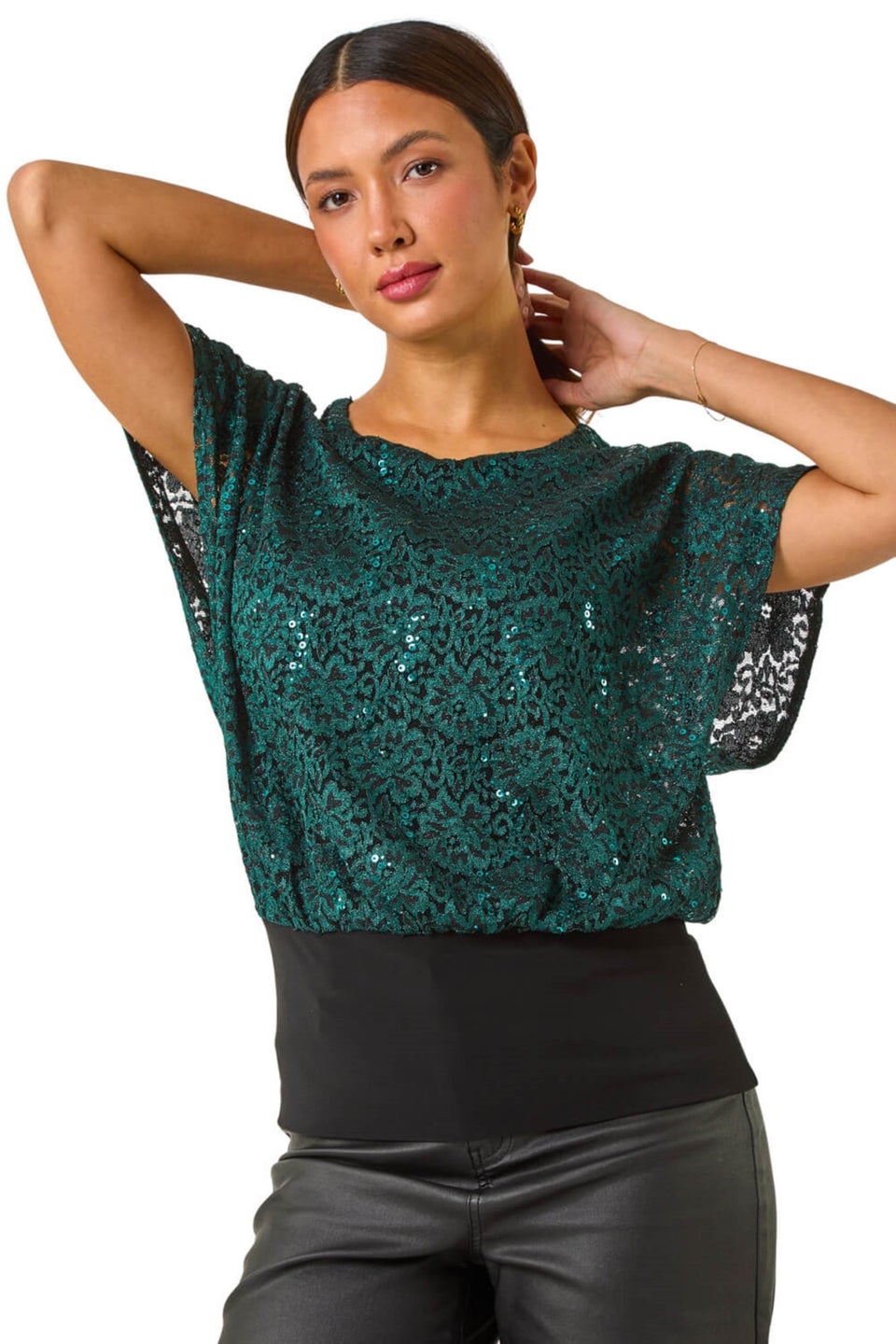 Roman Green Sequin Lace Overlay Stretch Top