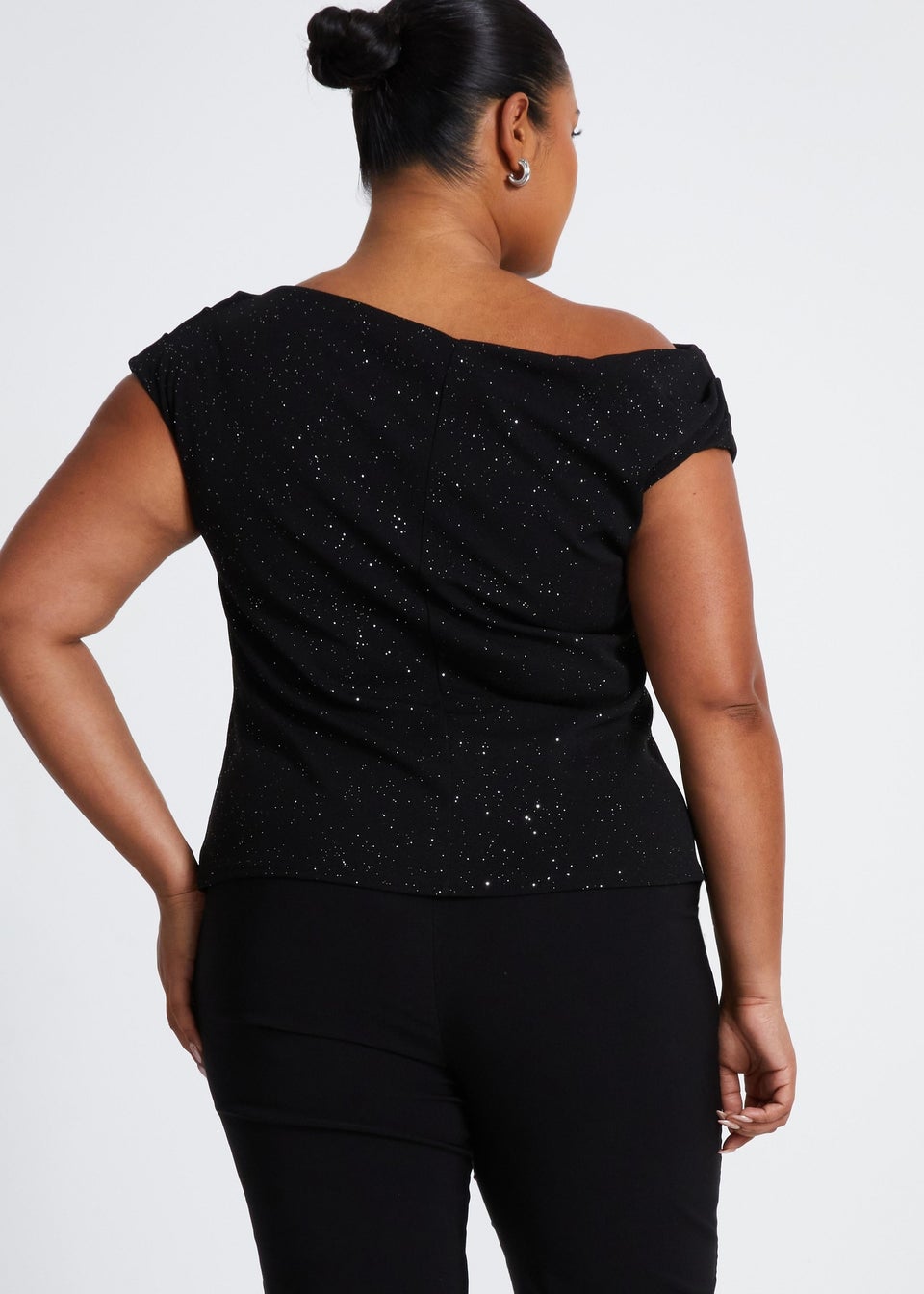 Quiz Black Curve Glitter Drape Neck Top