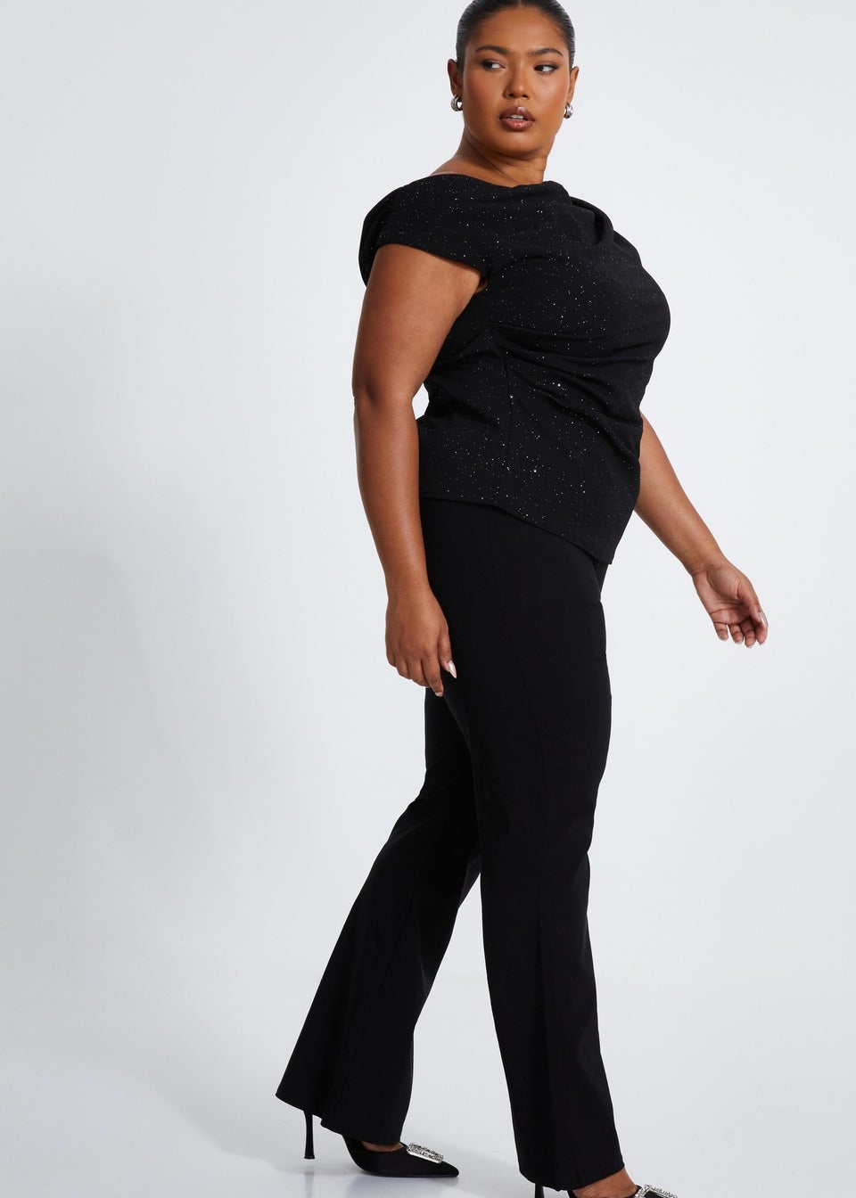 Quiz Black Curve Glitter Drape Neck Top