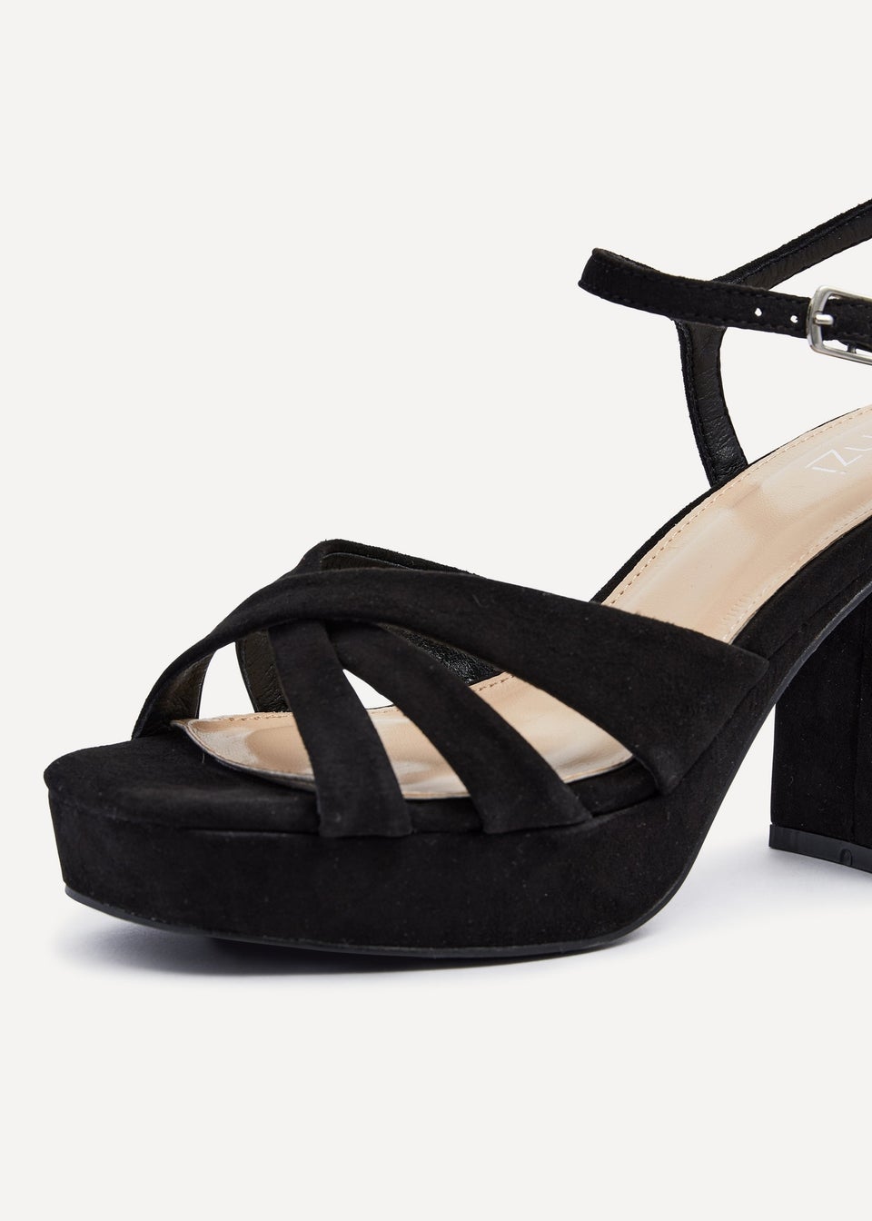 Linzi Keliah Black Faux Suede Crossover Platform Heels