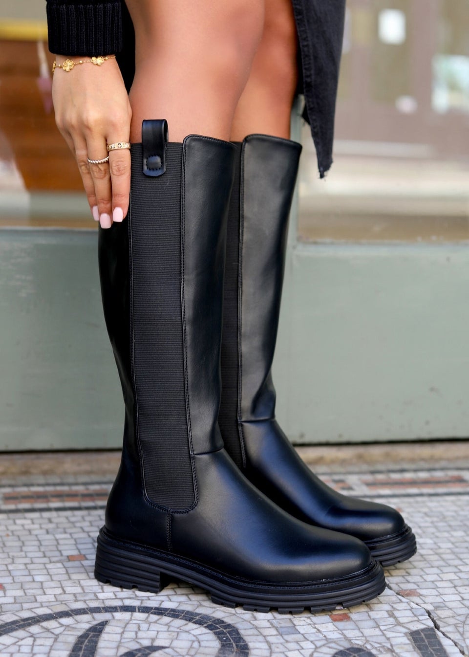 Linzi Orleans Black Faux Leather High Leg Boot