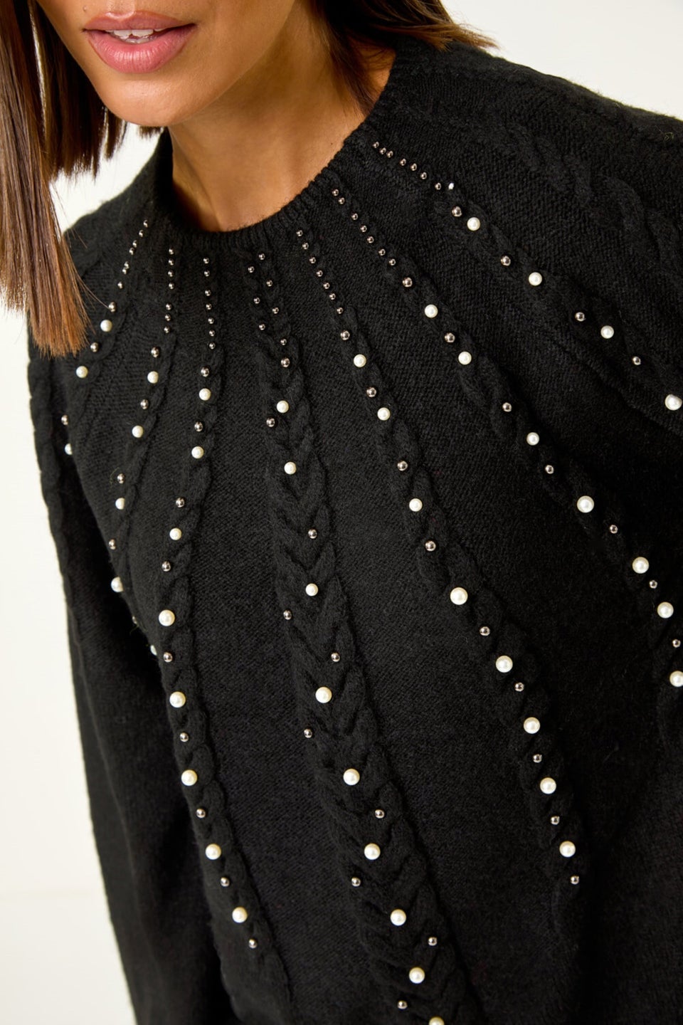 Roman Black Graduated Faux Pearl Cable Knit Jumper
