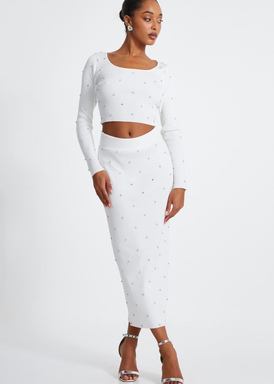 Quiz Cream Knit Diamante Midi Skirt