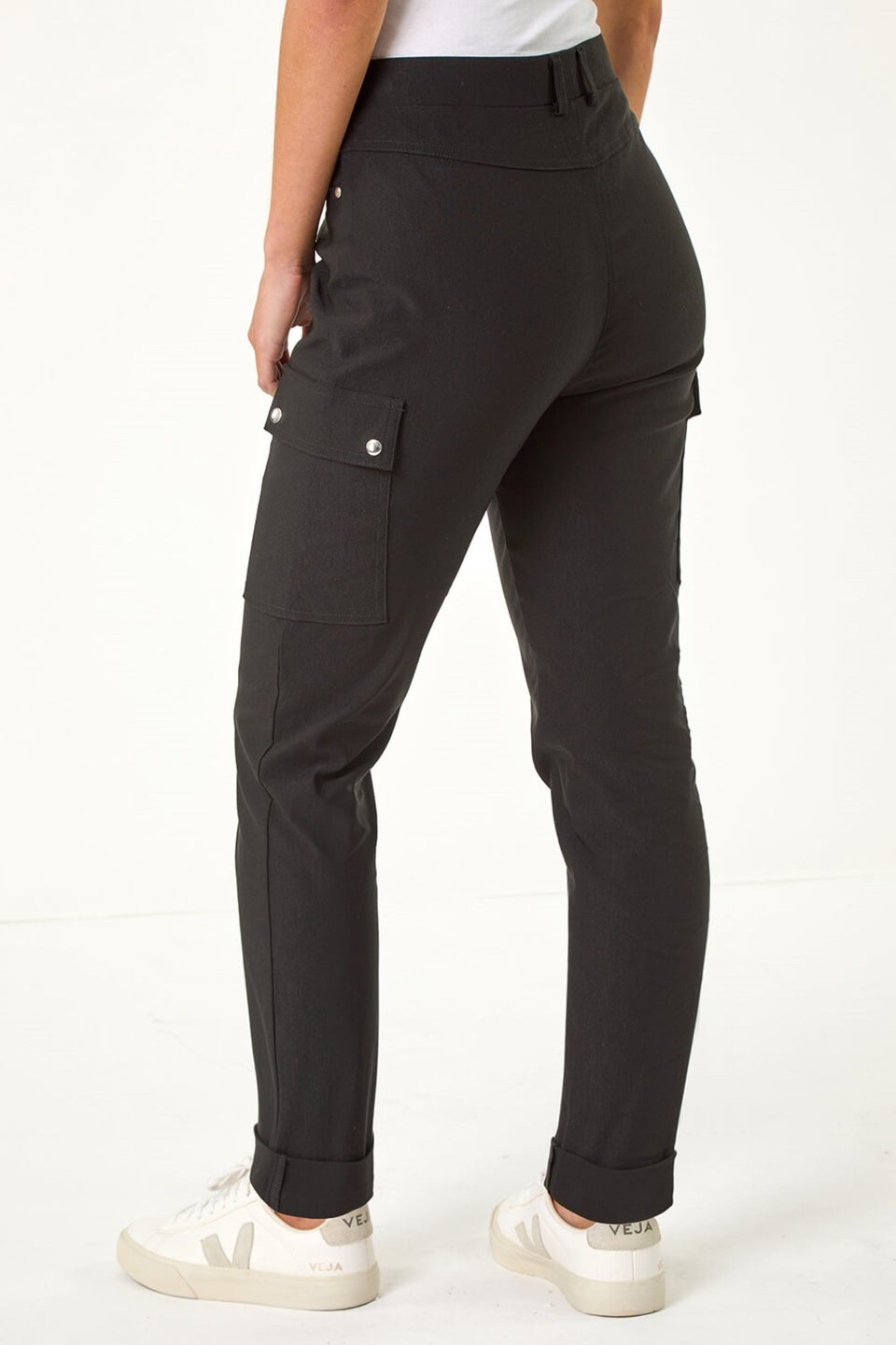 Roman Black Petite Elastic Waist Bengaline Cargo Trousers Matalan