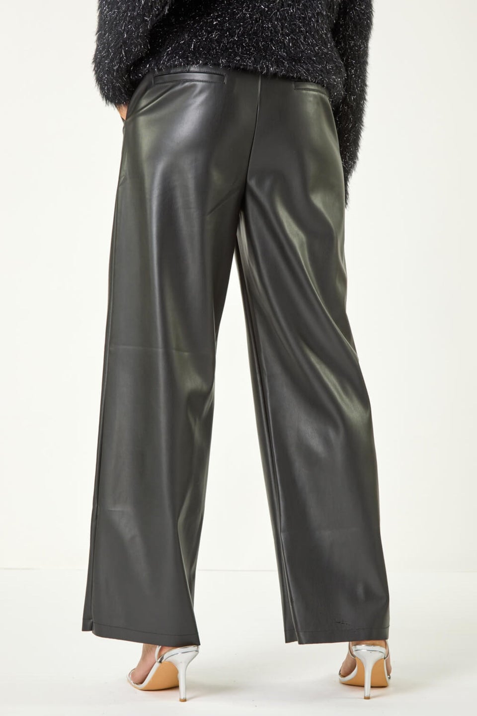 Roman Black Faux Leather Wide Leg Trouser