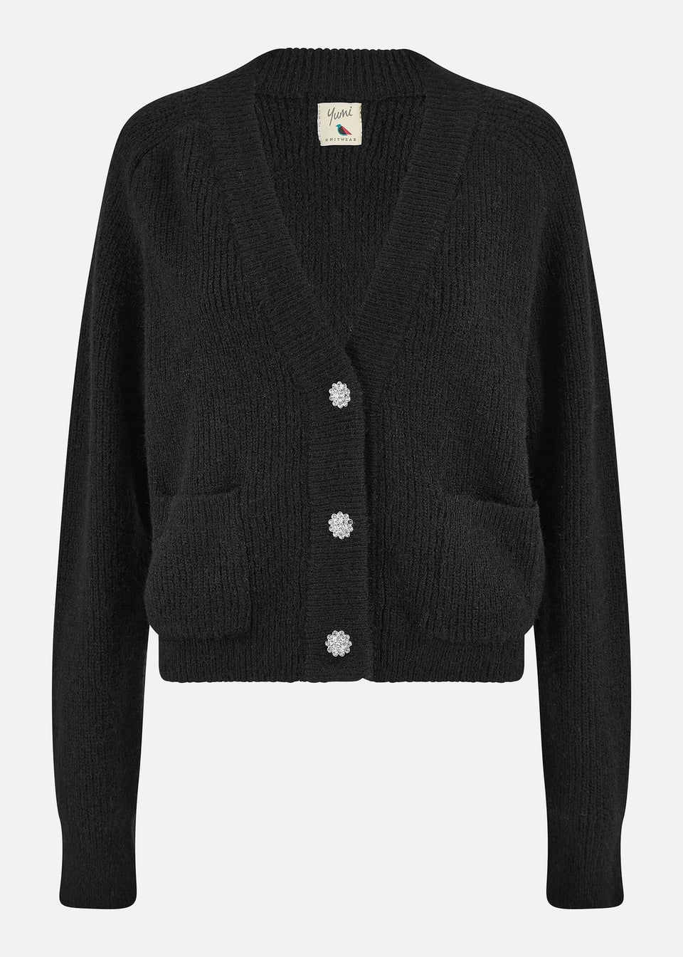 Yumi Black Daisy Button Knitted Relaxed Fit Cardigan