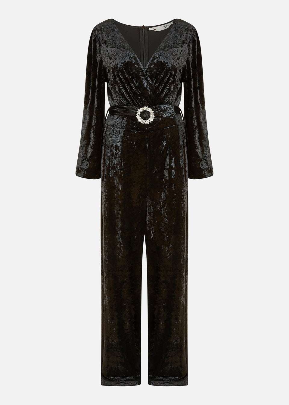 Yumi Black Velvet Long sleeve Jumpsuit With Diamanté Belt