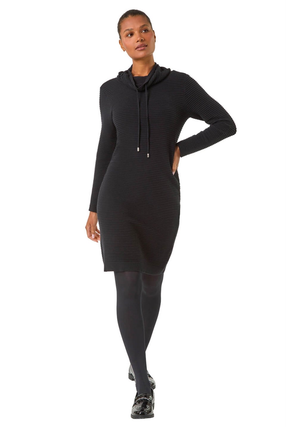 Roman Black Ribbed Cowl Neck Jumper Dress