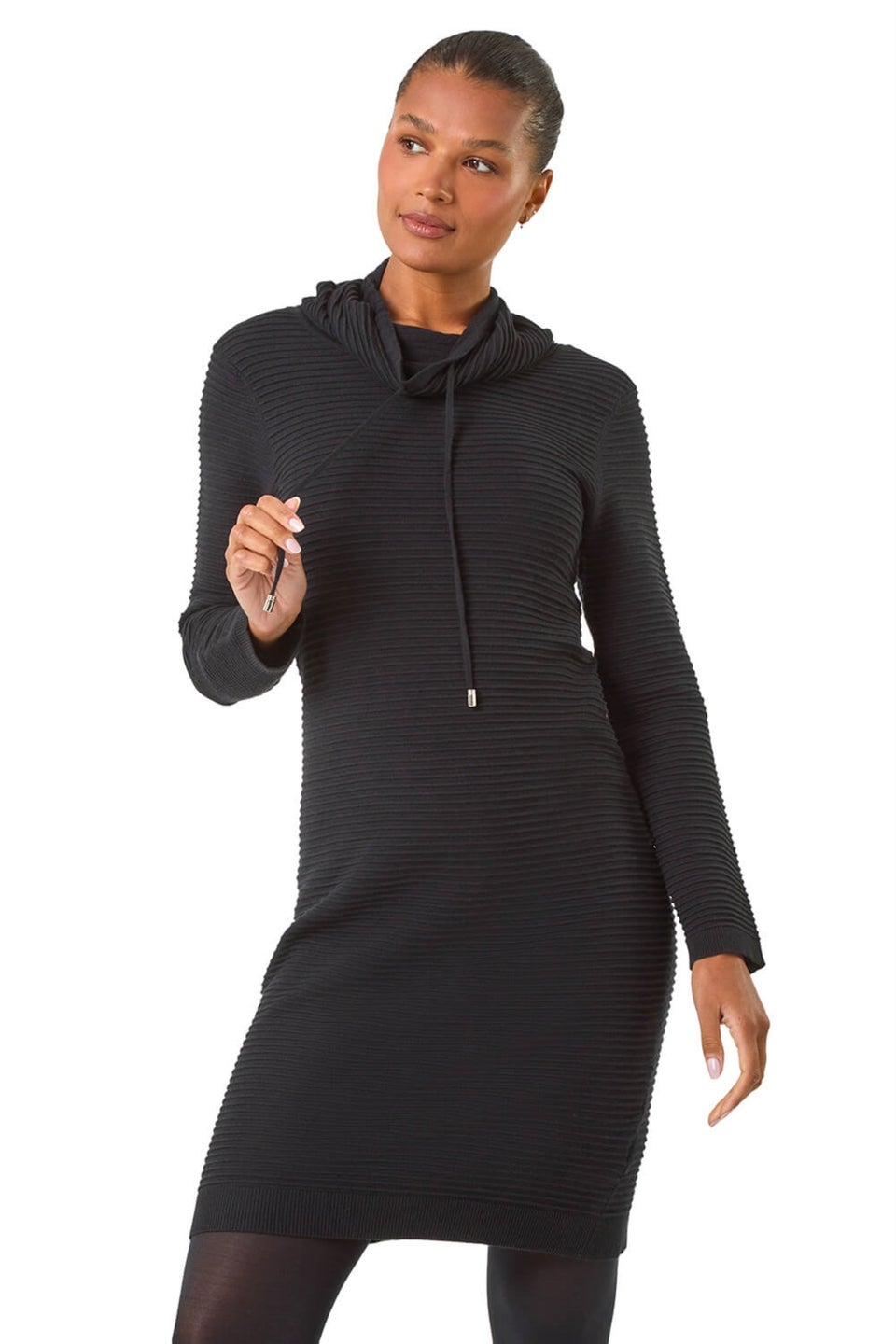 Roman Black Ribbed Cowl Neck Jumper Dress