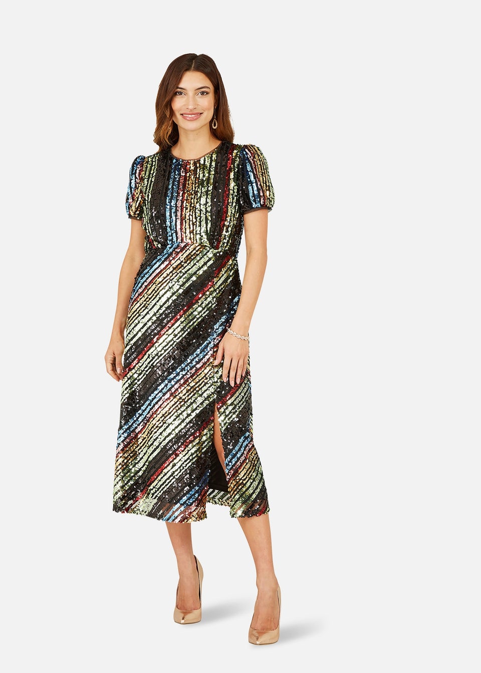 Yumi Multicolour Rainbow Stripe Sequin Midi Dress