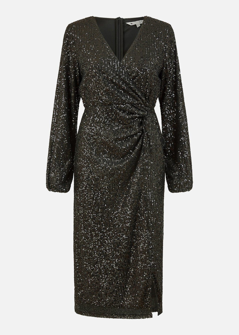 Yumi Black Sequin Ruched Wrap Long Sleeve Dress