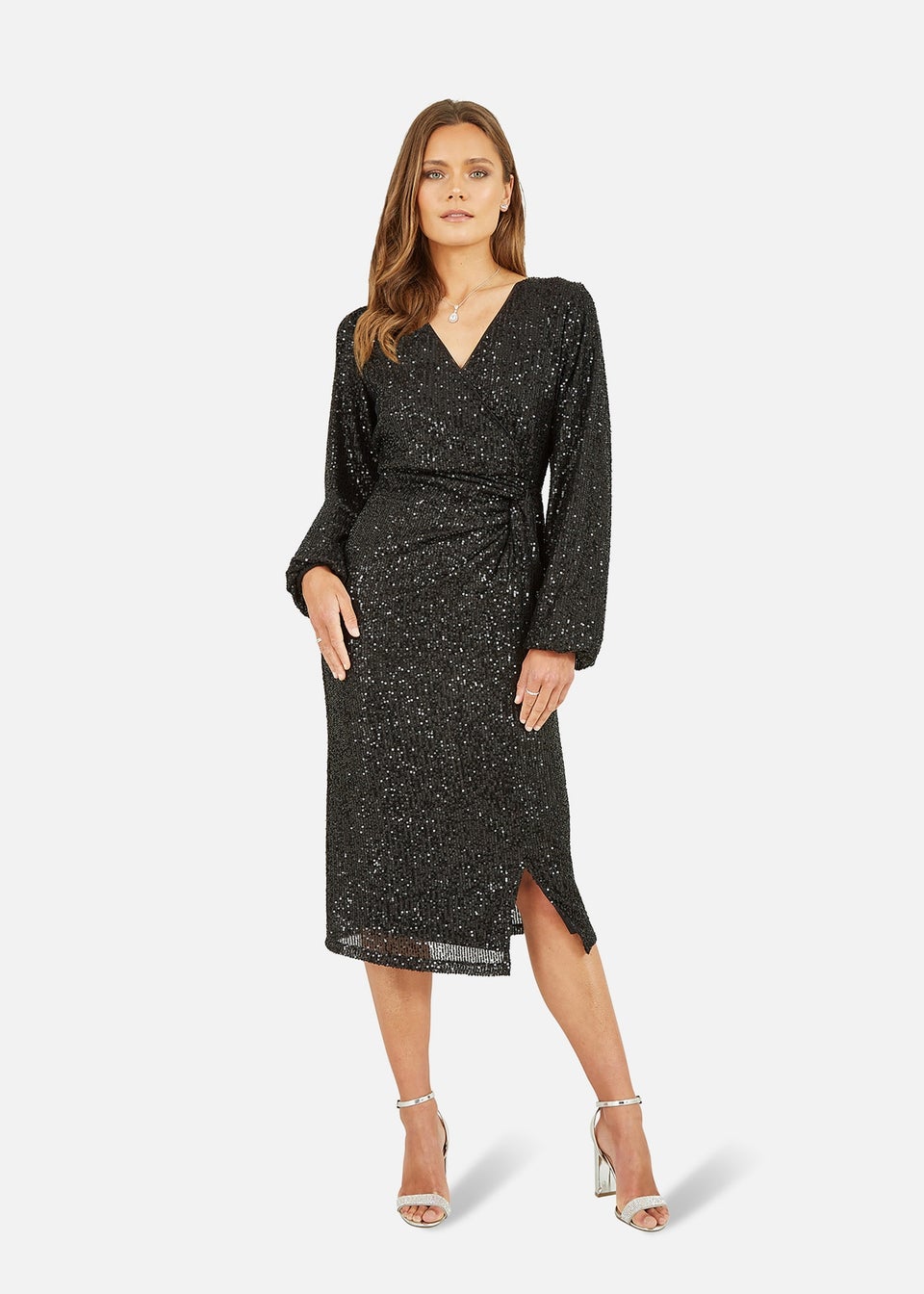 Yumi Black Sequin Ruched Wrap Long Sleeve Dress
