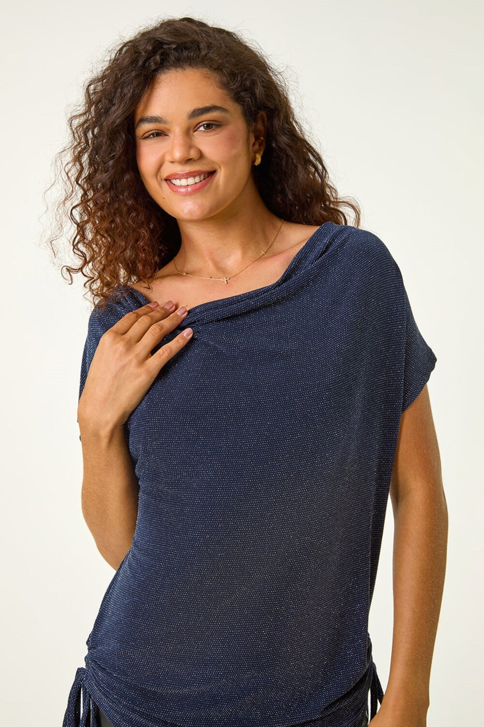 Roman Navy Glitter Cowl Neck Stretch Top