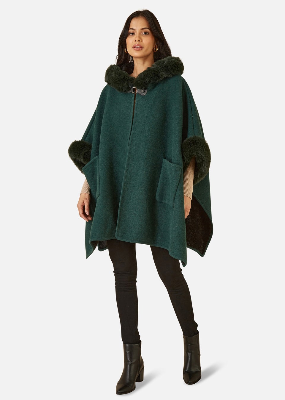 Yumi Green Cape With Luxe Fur Trim And Lining