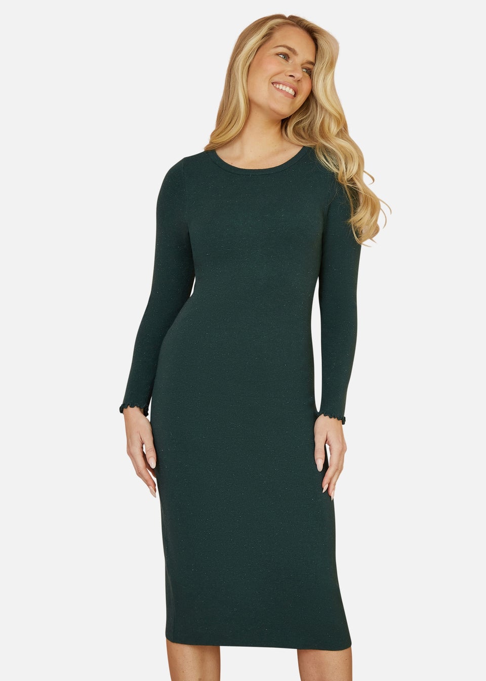 Yumi Green Sparkle Knit Midi Jumper Dress