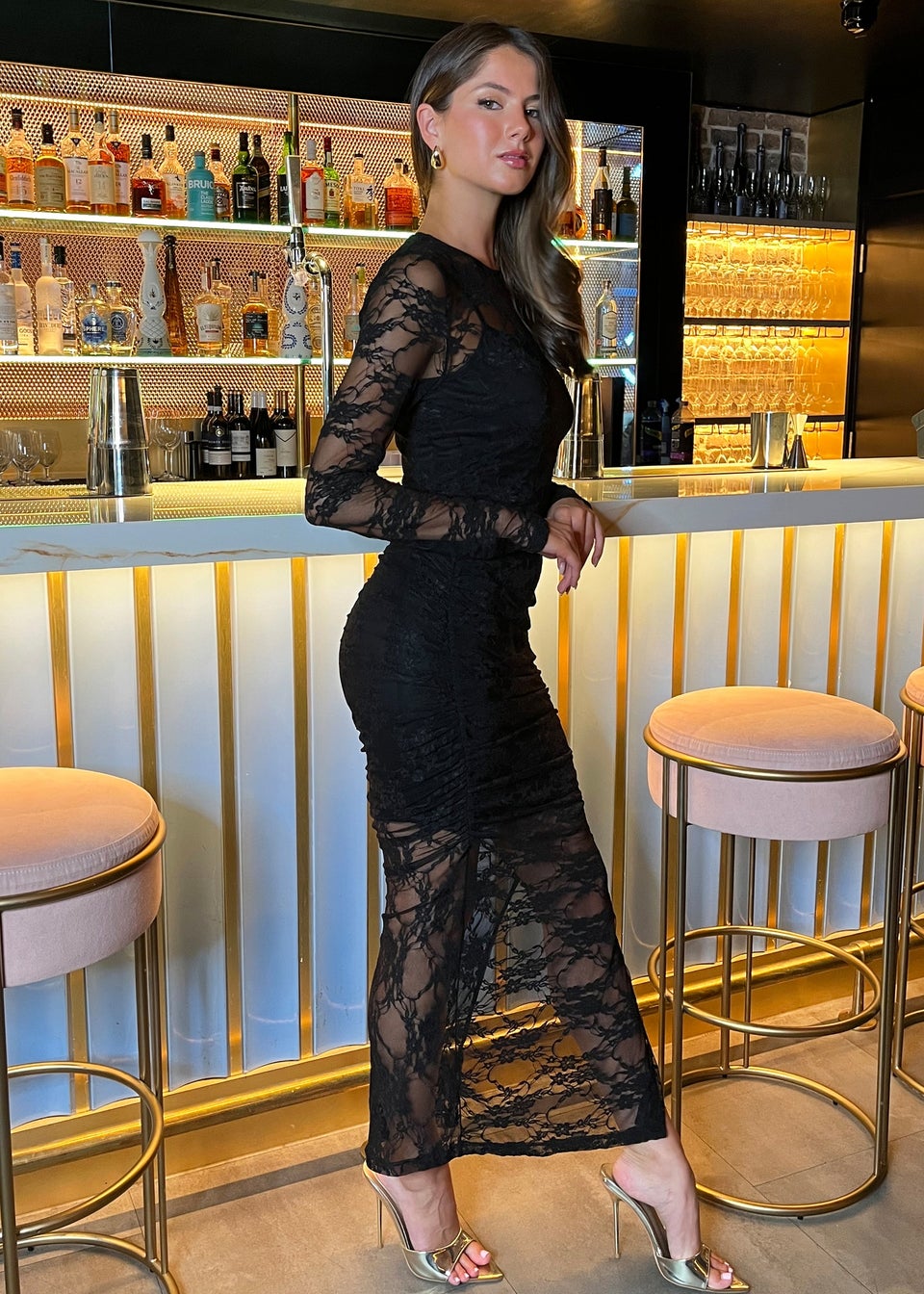 AX Paris Black Lace Overlay Long Sleeve Bodycon Midi Dress