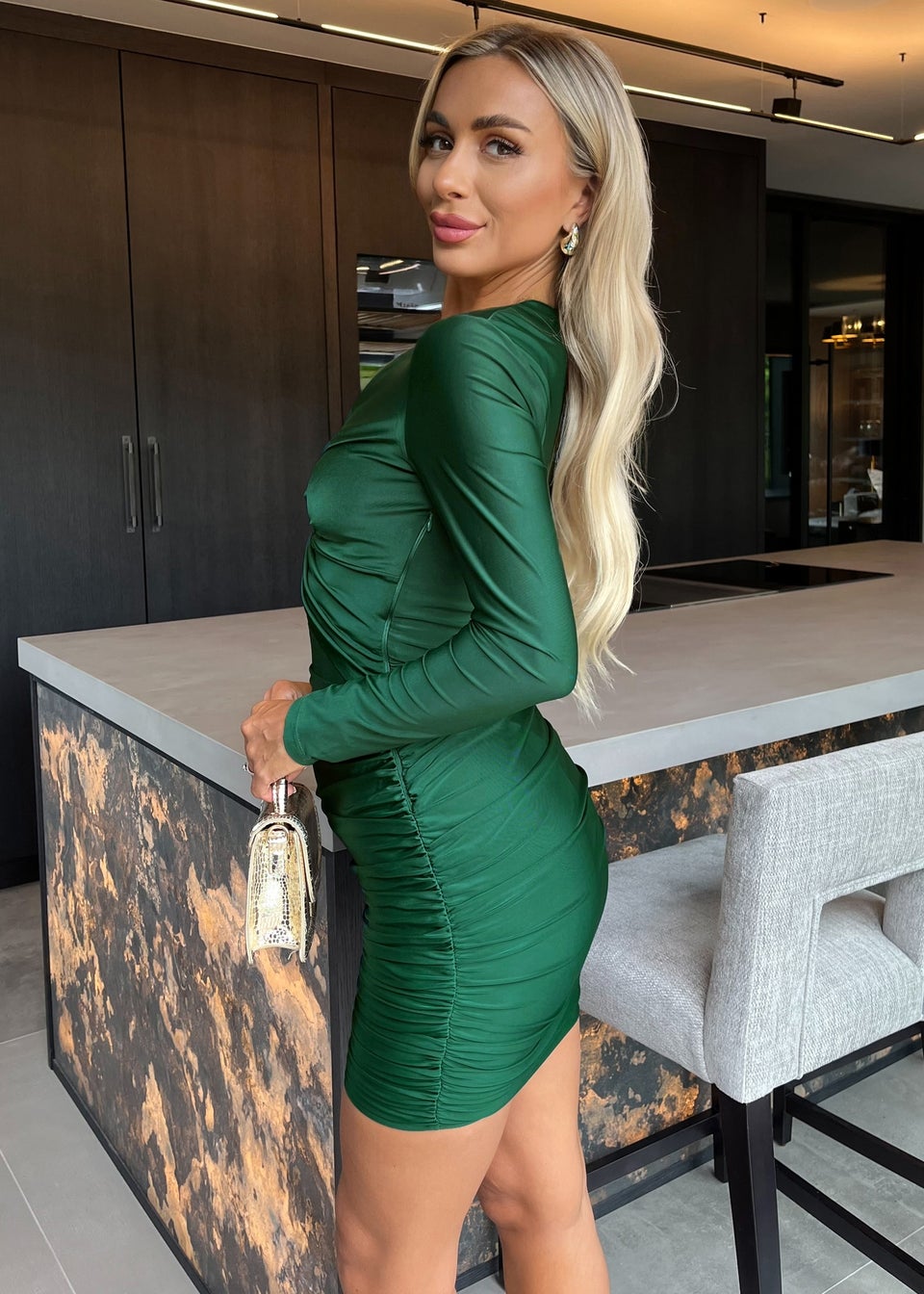 AX Paris Green Long Sleeve V Neck Knot Detail Cut Out Ruched Skirt Mini Dress