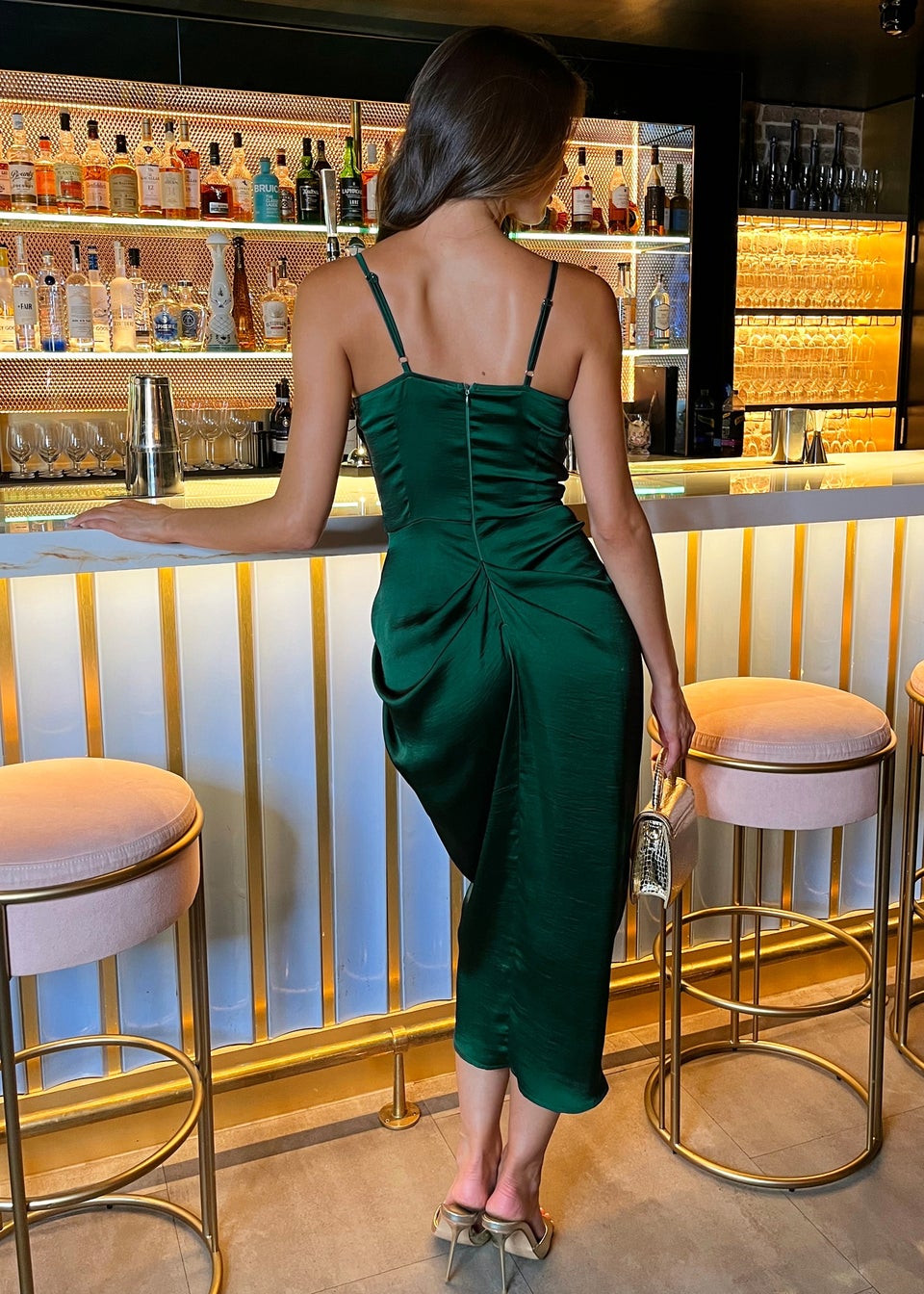 AX Paris Teal Satin Strappy Cowl Neck Gathered Skirt Midi Dress