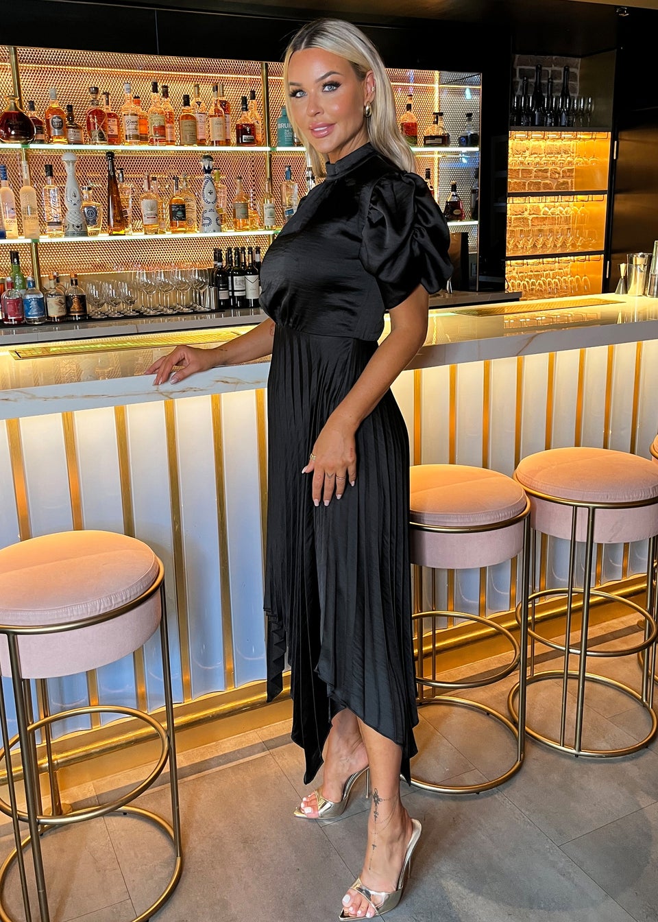 AX Paris Black High Neck Puff Sleeve Zig Zag Hem Pleated Midi Dress