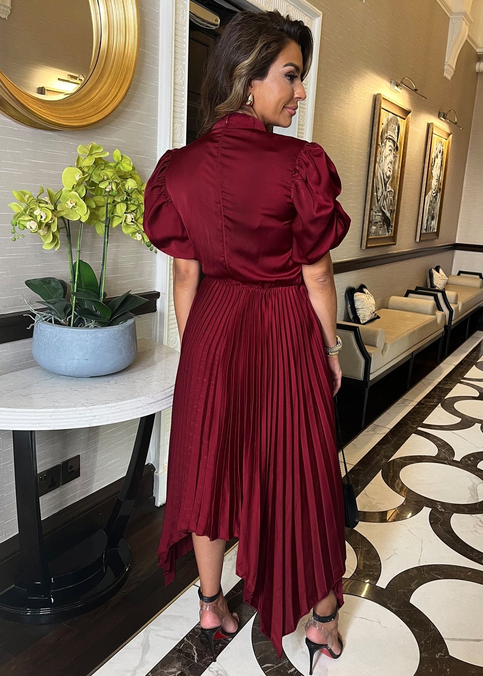 AX Paris Burgundy High Neck Puff Sleeve Zig Zag Hem Pleated Midi Dress