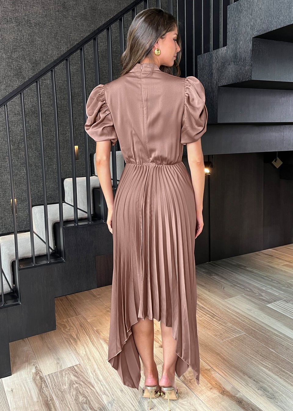 AX Paris Taupe High Neck Puff Sleeve Zig Zag Hem Pleated Midi Dress