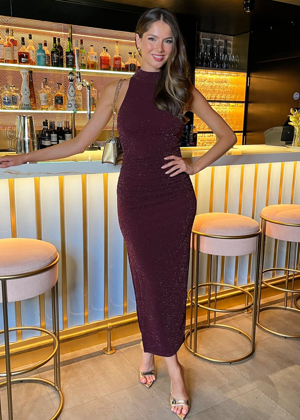 AX Paris Plum Sparkle Halter Neck Ruched Bodycon Midi Dress Matalan
